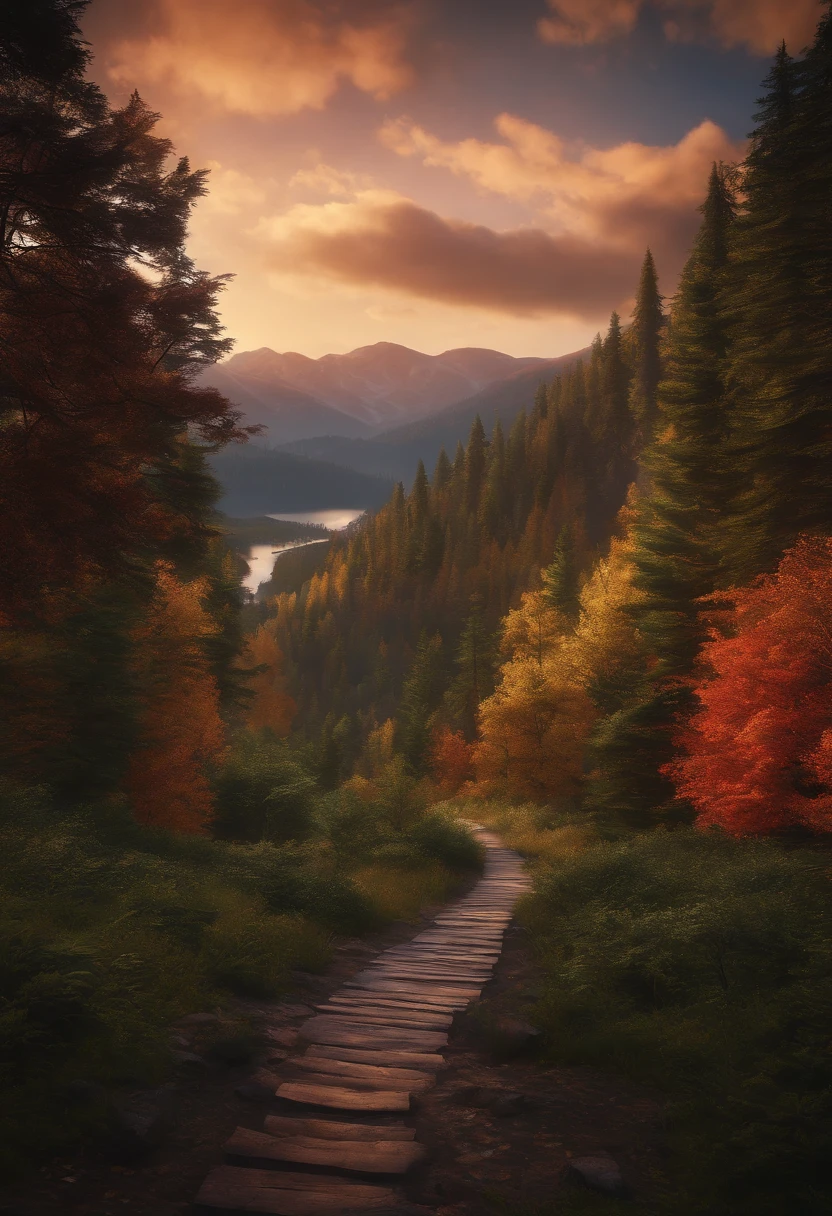 a lush, dense red-tinted forest, autumn foliage, sunlight filtering through the trees, a mystical atmosphere, highly detailed, intricate textures, photorealistic, vivid colors, warm lighting, enchanted forest, fantasy landscape, moody, cinematic. ((( Red forest))