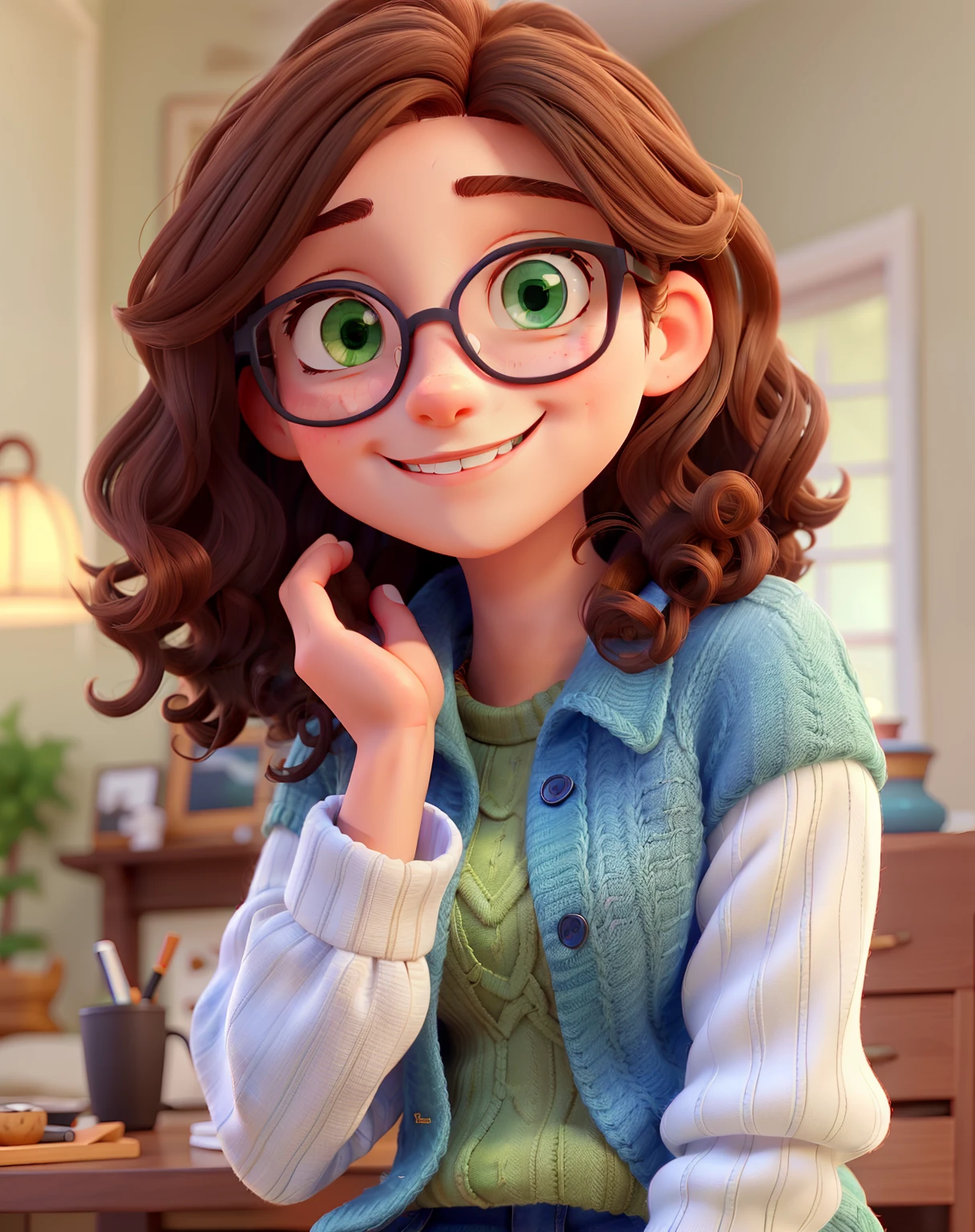 A beautiful girl with medium curly and dark brown hair, Dark green eyes and blue glasses in jeans and white knitting smiling