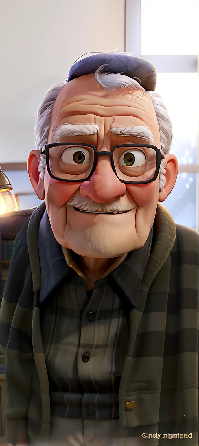 A wise old man standing in front, illuminated by the light of a lamp, against the backdrop of a library