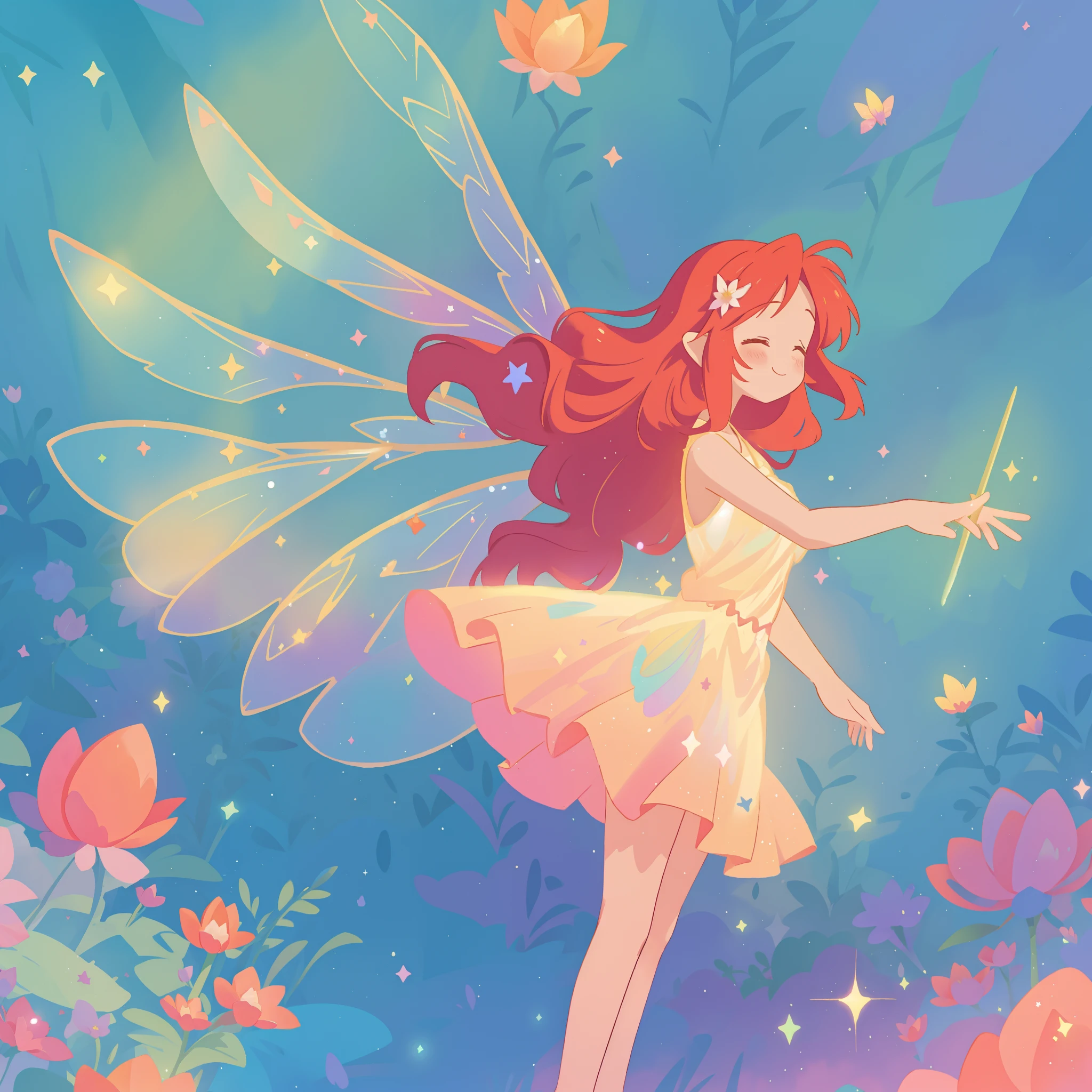 beautiful fairy girl in sparkling flowing dress, fairy dress, (huge sparkling fairy wings), fairy queen, ((magical colorful otherworldly landscape)), (glowing fairy wings), long red colorful hair, sparkling fairy wings, watercolor illustration, flowers and colorful plants, disney art style, glowing aura around her, glowing lights, beautiful digital illustration, fantasia otherworldly landscape plants flowers, beautiful, masterpiece, best quality, anime disney style