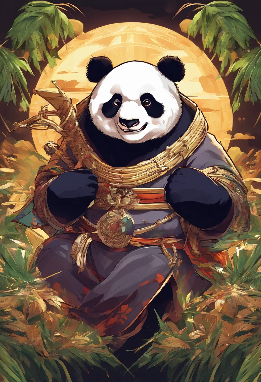 An anime scene with a giant panda as the main character roaring and showing great power., The background is a full moon.。, There are bamboo fighting groups in many areas.，Trends on CGSTATION, Beautiful artistic illustration, Drake-style digital art details,  Fantasy anime illustration, Guviz-style artwork, Digital illustration of the poster logo, by Yang J, Durian in different regions, There were also gold and silver coins that flew all over the region.. pixiv contest winner, trends on ArtStation Pixiv, Brand product logo 5 stars, Bamboo business, fantasy, The dark side,