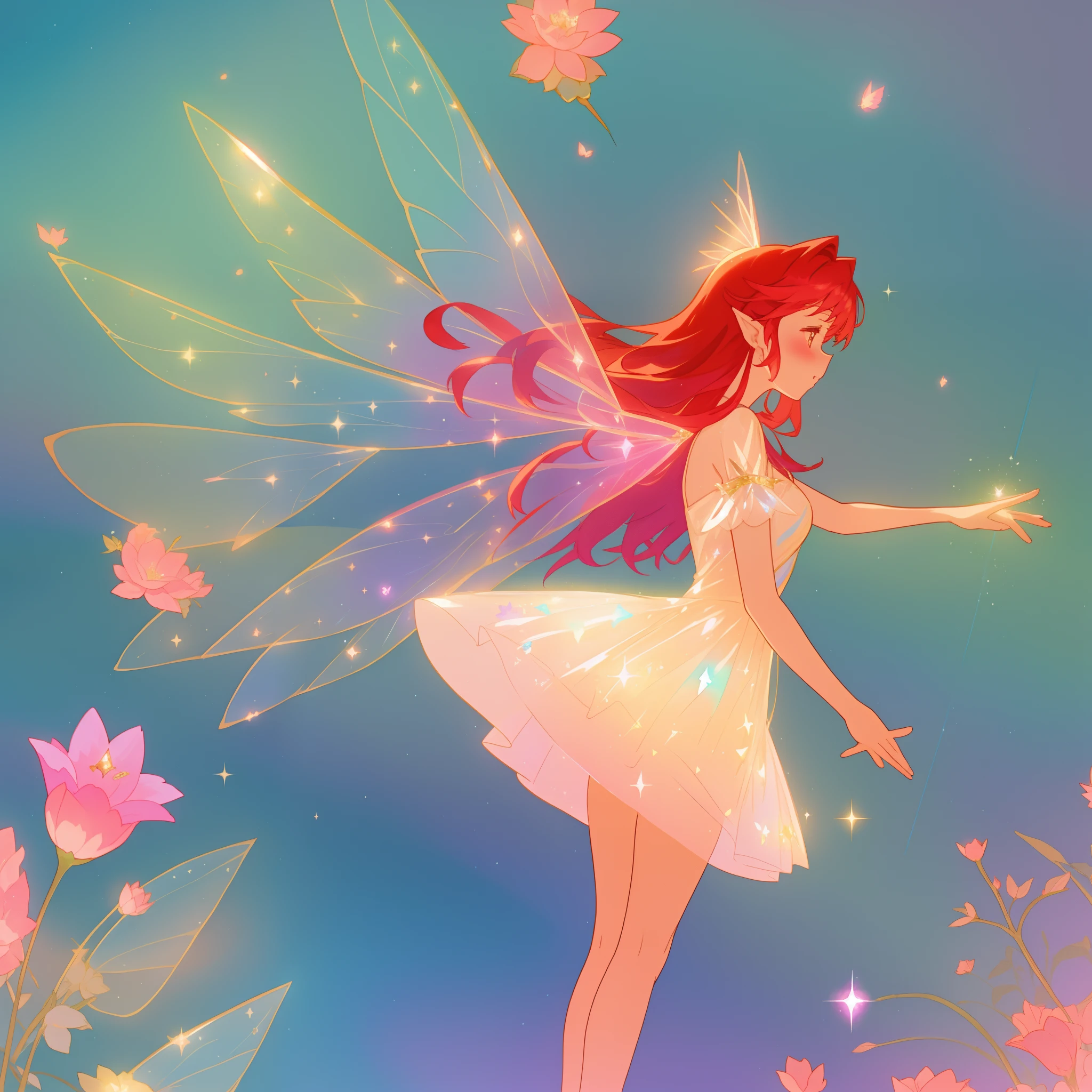 beautiful fairy girl in sparkling flowing dress, fairy dress, (huge sparkling fairy wings), fairy queen, ((magical colorful otherworldly landscape)), (glowing fairy wings), long red colorful hair, sparkling fairy wings, watercolor illustration, flowers and colorful plants, disney art style, glowing aura around her, glowing lights, beautiful digital illustration, fantasia otherworldly landscape plants flowers, beautiful, masterpiece, best quality, anime disney style