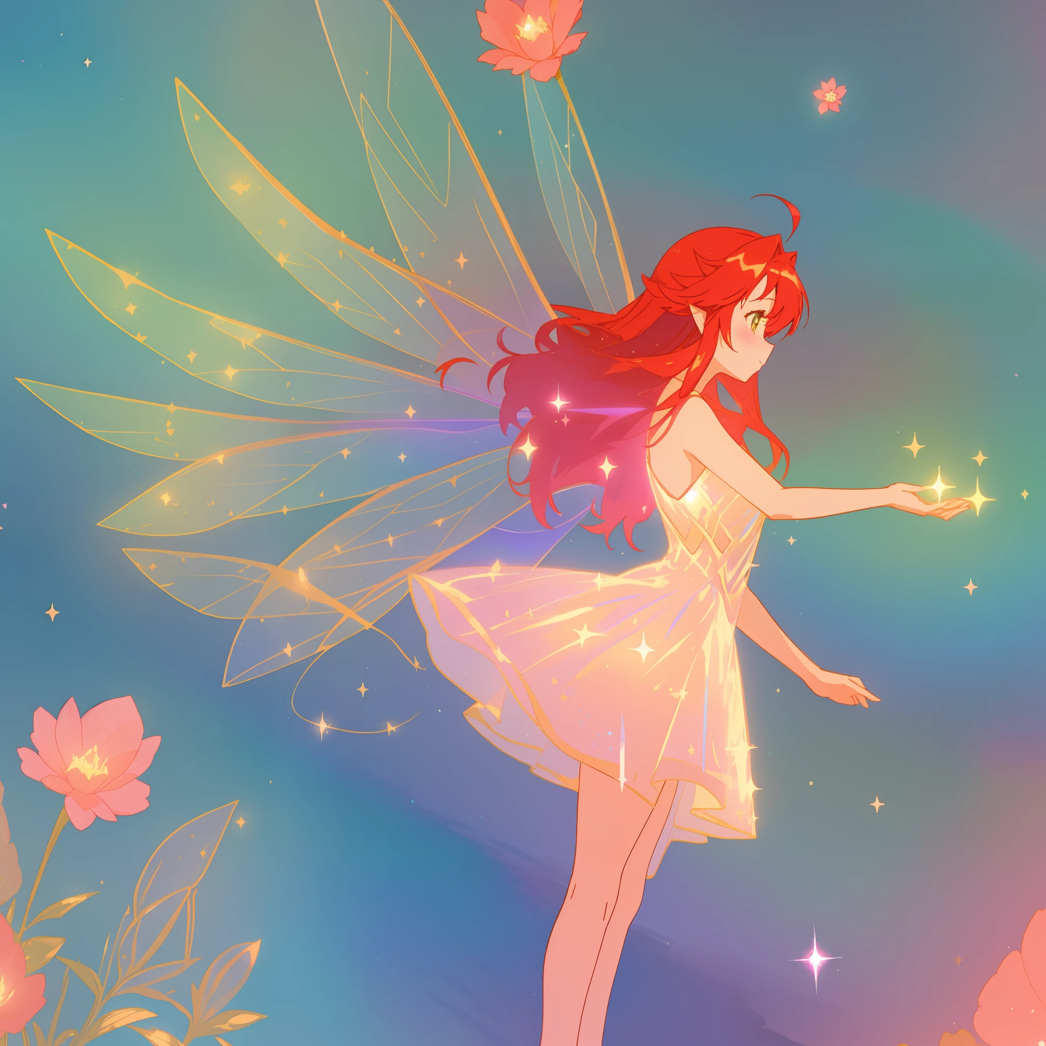 beautiful fairy girl in sparkling flowing dress, fairy dress, (huge sparkling fairy wings), fairy queen, ((magical colorful otherworldly landscape)), (glowing fairy wings), long red colorful hair, sparkling fairy wings, watercolor illustration, flowers and colorful plants, disney art style, glowing aura around her, glowing lights, beautiful digital illustration, fantasia otherworldly landscape plants flowers, beautiful, masterpiece, best quality, anime disney style