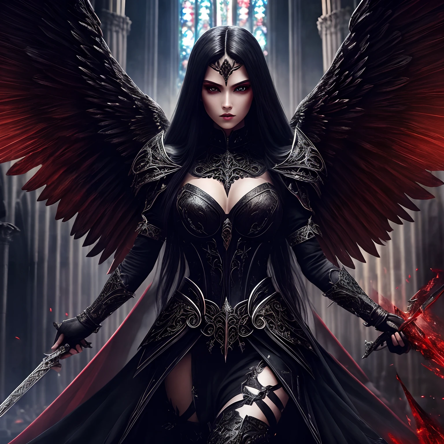 Best Quality Masterpiece A Woman Angel Warrior Gothic Incredibly Beautiful Long Red Eyes Black Hair Black Wings Wearing Black Clothes And Armor Corrupt Angel Woman In An Intricate Cathedral Utra Detailed 8K Extremely Realistic And Detailed
