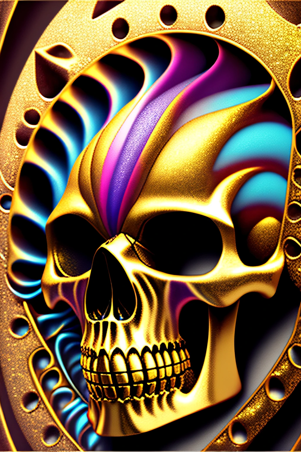 the skull of an alien made in gold, very detailed and textured. Psychedelic colors swirl in it's visible