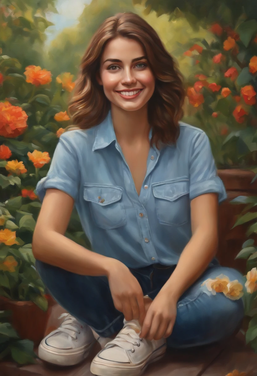 (best quality,realistic:1.37),medium:oil painting,(vibrant colors:1.1),(portrait:0.9),beautiful detailed eyes,(short brown hair),(cute smile),(white skin),(in Fluminense shirt),(blue jeans),(sneakers),(standing in a garden),(background with stadium