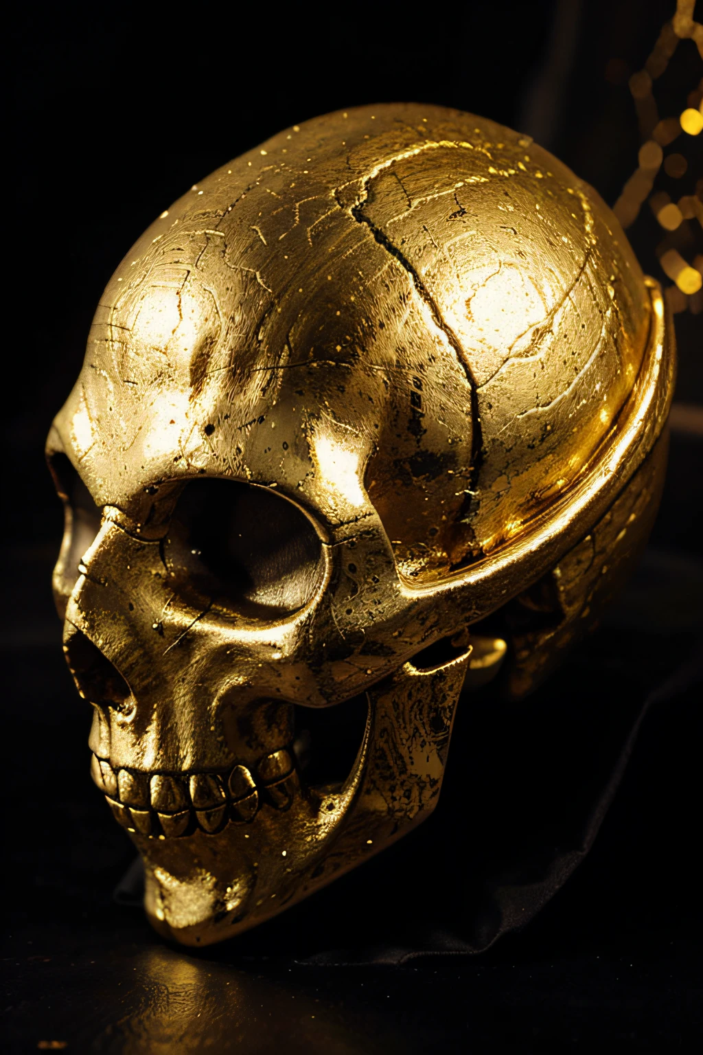 a close up of a gold skull with spikes on a chain, gold skulls, gold and black metal, of spiked gears of war skulls, crown of skulls, close-up portrait goddess skull, sacred skull, with a crown of skulls, punks not dead!, skull like, punks not dead!!!!, fantasy skull, heavy metal style, sculpture made of gold, gold metal