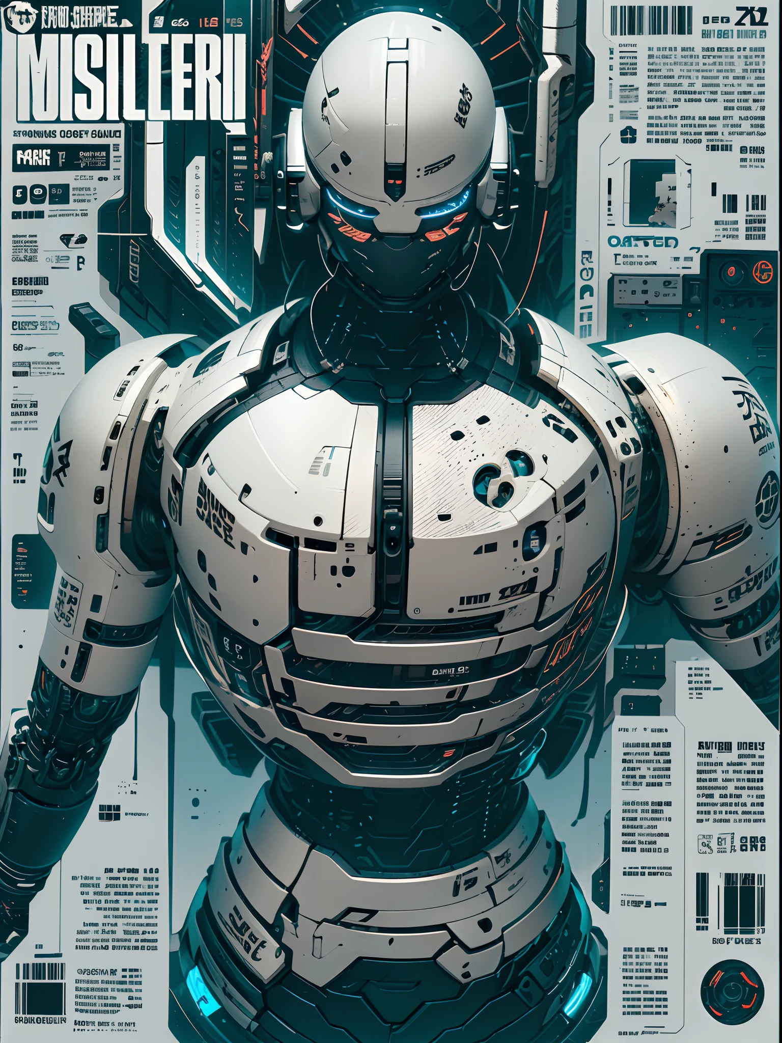 (male) Super cyborg, european male, magazine cover, poster art , Lovecraftian horror tattoos, Distinctive Character Designs, bold huge text, matted design layout, strong, bold inking techniques, featuring a sleek and powerful crystals technological elements