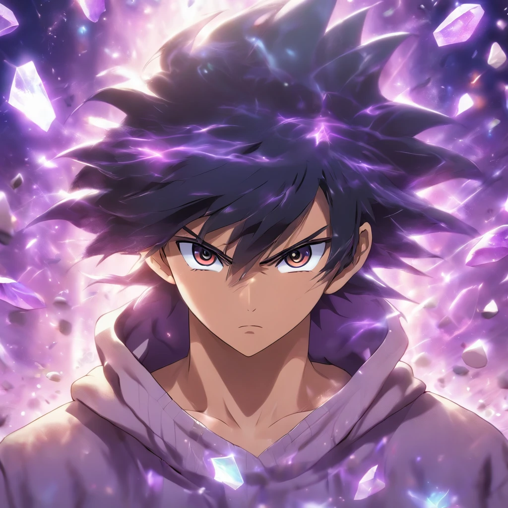 a boy, with long thin black hair, wearing a beige sweatshirt, wearing a white cap, with a purple aura around him, small pieces of stones flying around him, super realistic, professional lighting, purple background
