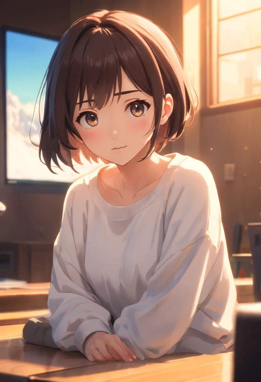 ((of the highest quality, 8K,Raw photo)), (Realistic, Photorealistic: 1.37), (Face Focus: 1.1), Small breasts, flat chest, Short hair, A Japanese Lady、20yr old、Japan idol system、(white sweatshirt: 1.1)、Skirt, Sitting, Arms up, From below, Sunlight, Movie Lighting,