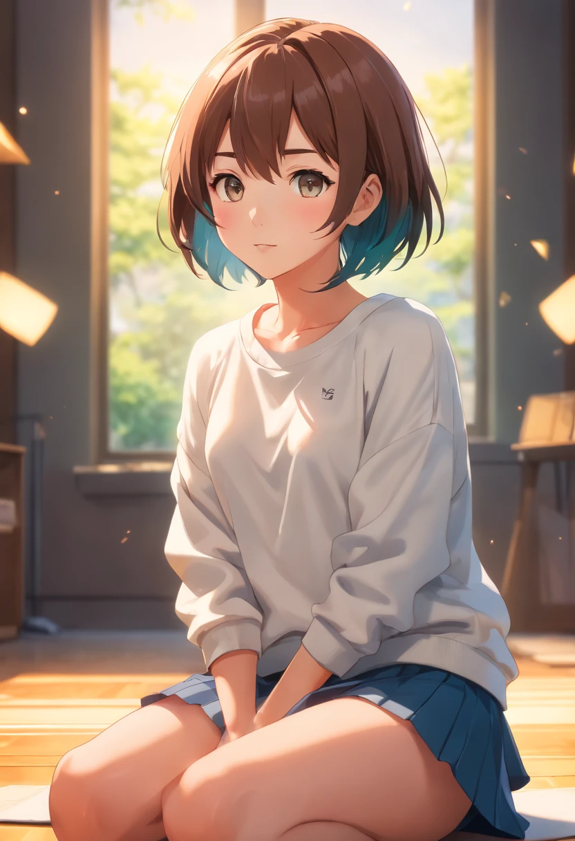 ((of the highest quality, 8K,Raw photo)), (Realistic, Photorealistic: 1.37), (Face Focus: 1.1), Small breasts, flat chest, Short hair, A Japanese Lady、20yr old、Japan idol system、(white sweatshirt: 1.1)、Skirt, Sitting, Arms up, From below, Sunlight, Movie Lighting,