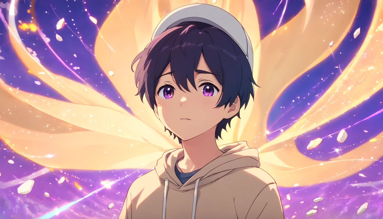 a boy, with long thin black hair, wearing a beige sweatshirt, wearing a white cap, with a purple aura around him, small pieces of stones flying around him, super realistic, professional lighting, purple background