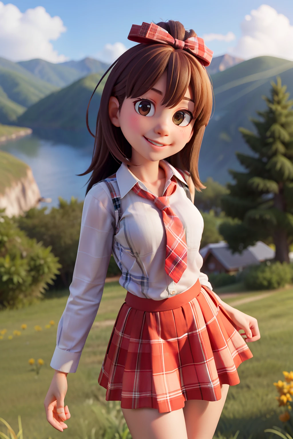 masterpiece, high quality best quality,1girl, bangs, beach, blue_sky, blush, bow, breasts, checkered, checkered_shirt, checkered_skirt, cloud, cloudy_sky, collarbone, day, envelope, giving, grass, hair_bow, heart, holding, holding_letter, horizon, incoming_gift, kazami_yuuka, leaning_forward, lens_flare, letter, light_rays, long_hair, looking_at_viewer, love_letter, mountain, mountainous_horizon, ocean, outdoors, plaid, plaid_background, plaid_bikini, plaid_bow, plaid_bowtie, plaid_bra, plaid_dress, plaid_headwear, plaid_jacket, plaid_legwear, plaid_necktie, plaid_neckwear, plaid_panties, plaid_pants, plaid_ribbon, plaid_scarf, plaid_shirt, plaid_skirt, plaid_vest, pov, shirt, skirt, sky, smile, solo, sun, sunbeam, sunlight, tree, unmoving_pattern