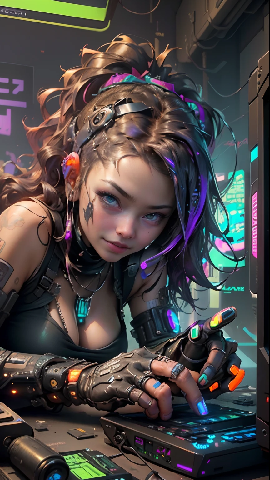 ((Best Quality)), ((masutepiece)), (Highly detailed:1.3), 。.3D, Beautiful (Cyberpunk:1.3) Hacker woman with thick voluminous hair operating computer terminal, NSFW, Crawl like a cat, Low angle camera view, Focus on DSLR effect, Depth Field.年轻10generation、a smile、、a baby faceent color