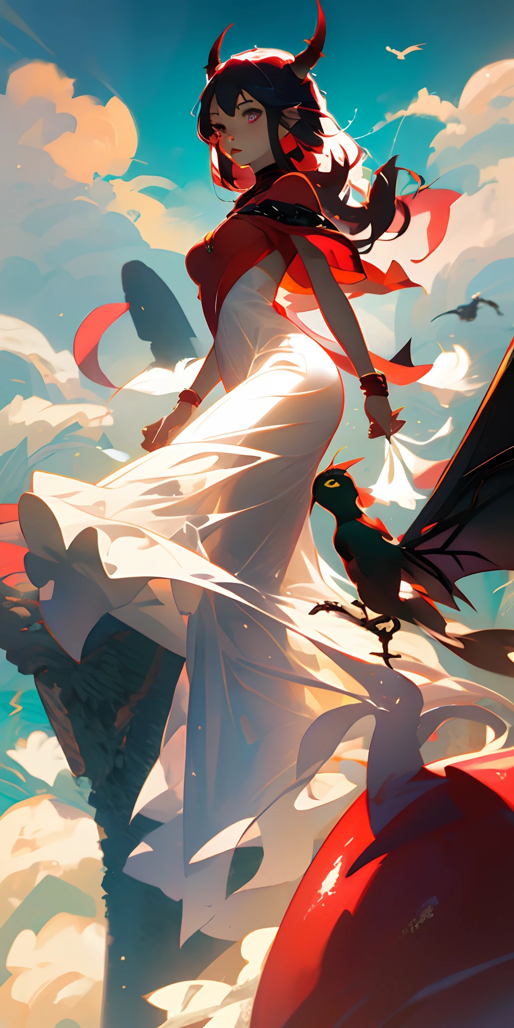 Chibi, demon hybird, red, women, cute, long dress, feathers, wings, anime, babe