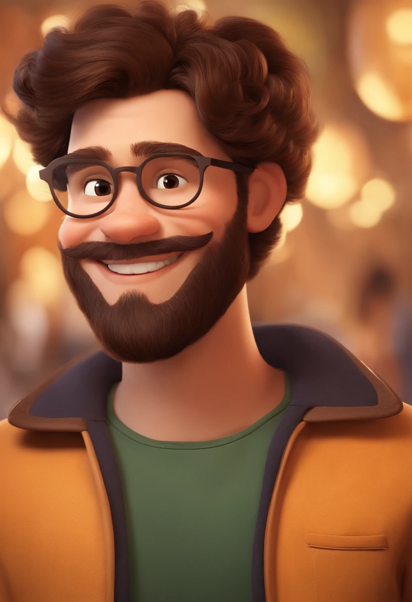 Um filme inspirado na Disney Pixar (MENINA branca JOVEM COM CABELO medio CACHEADO castanho escuro ) dentro A cena estar na arte distinta do estilo PIXAR, 24-year-old man with beard with honey-colored eye eyes thin and smilingDisney Pixar poster style in high resolution