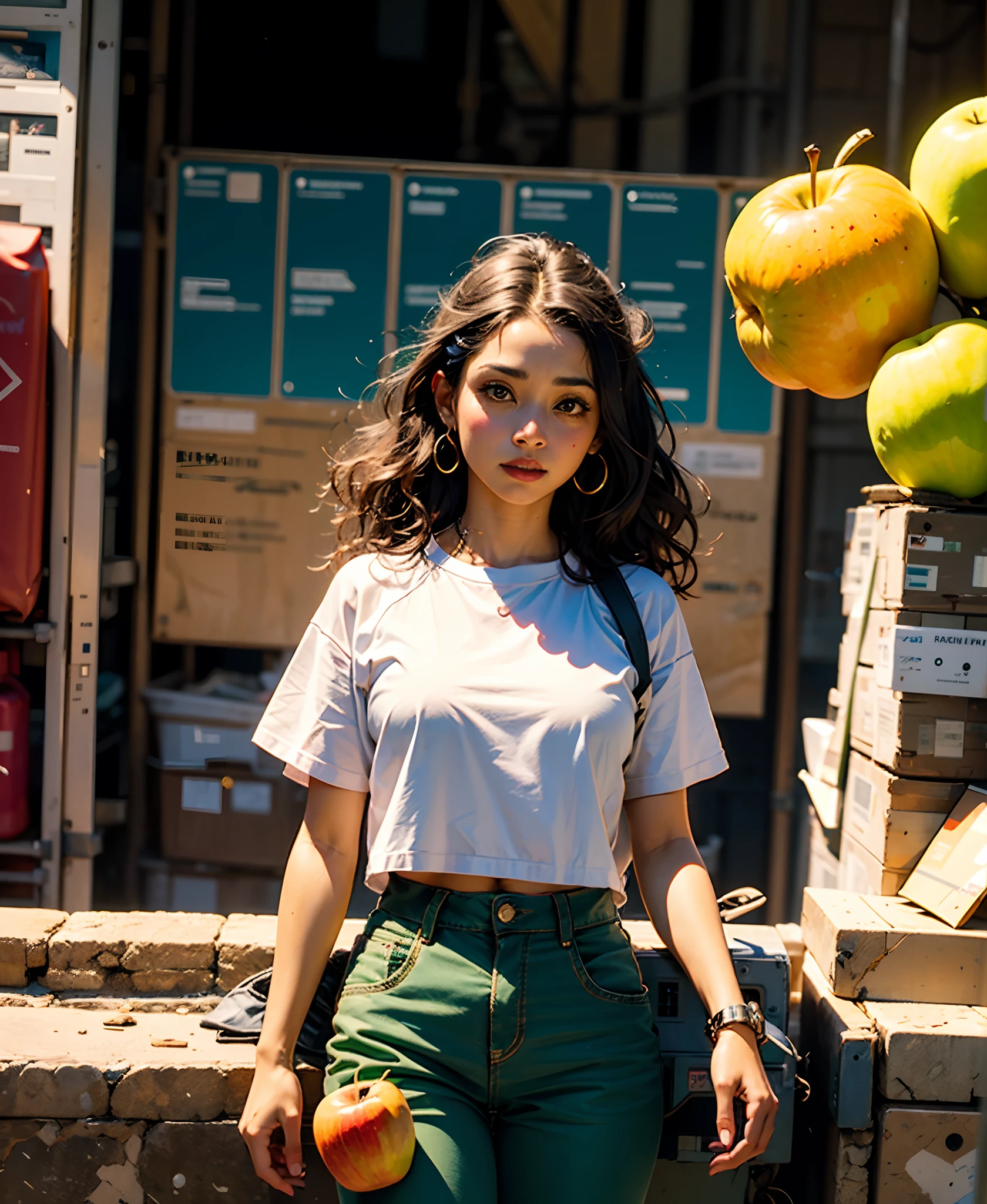 Uma menina de cabelos roxos, pele branca, camisa roxa, green pants, olhos verdes, pulseiras, relogios, sapatos pretos, With an apple in his hands