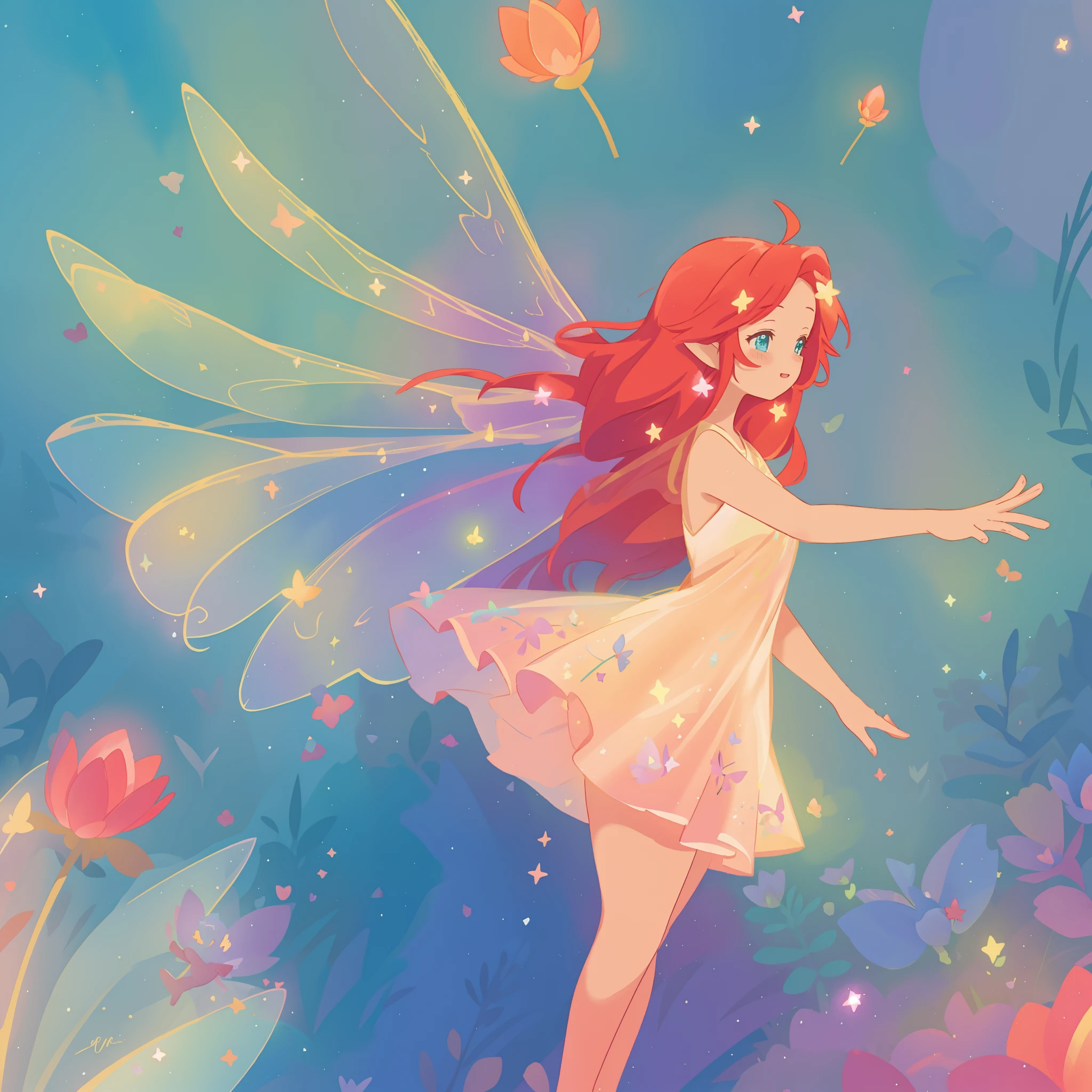 beautiful fairy girl in sparkling flowing dress, fairy dress, (huge sparkling fairy wings), fairy queen, ((magical colorful otherworldly landscape)), (glowing fairy wings), long red colorful hair, sparkling fairy wings, watercolor illustration, flowers and colorful plants, disney art style, glowing aura around her, glowing lights, beautiful digital illustration, fantasia otherworldly landscape plants flowers, beautiful, masterpiece, best quality, anime disney style