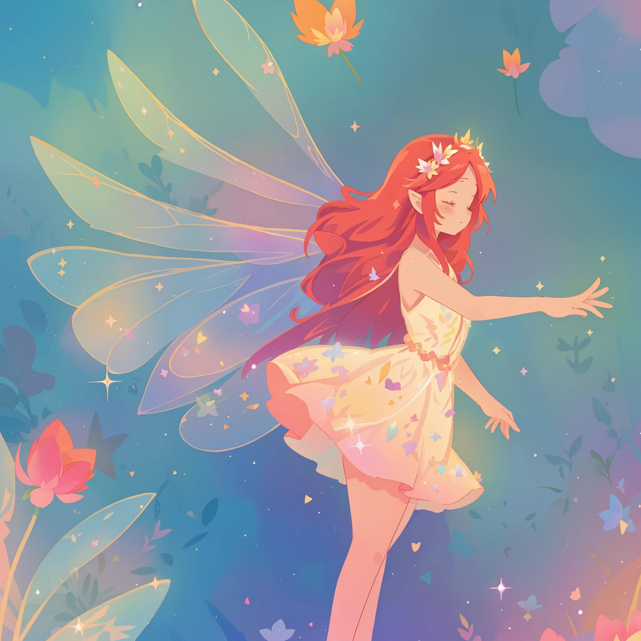 beautiful fairy girl in sparkling flowing dress, fairy dress, (huge sparkling fairy wings), fairy queen, ((magical colorful otherworldly landscape)), (glowing fairy wings), long red colorful hair, sparkling fairy wings, watercolor illustration, flowers and colorful plants, disney art style, glowing aura around her, glowing lights, beautiful digital illustration, fantasia otherworldly landscape plants flowers, beautiful, masterpiece, best quality, anime disney style