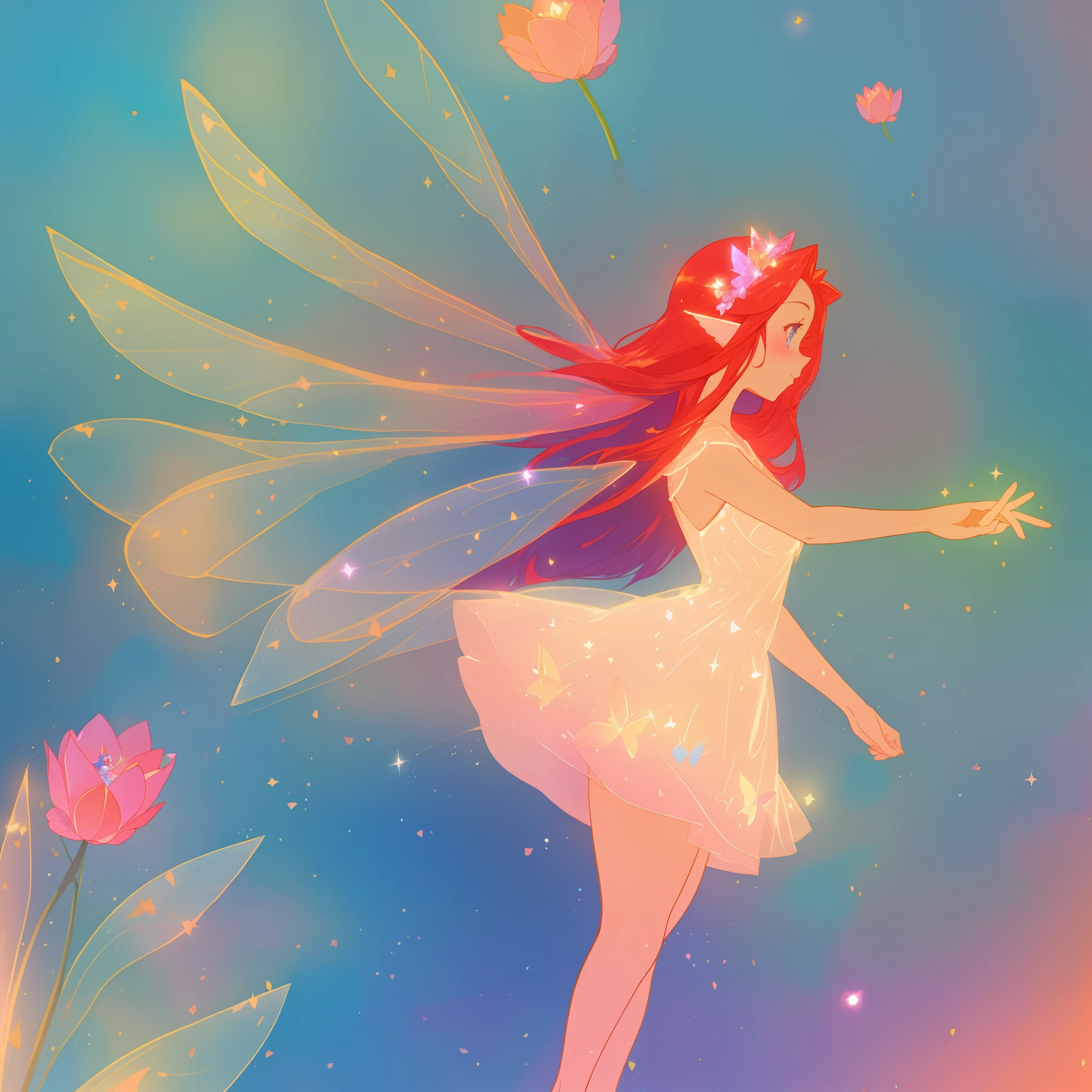 beautiful fairy girl in sparkling flowing dress, fairy dress, (huge sparkling fairy wings), fairy queen, ((magical colorful otherworldly landscape)), (glowing fairy wings), long red colorful hair, sparkling fairy wings, watercolor illustration, flowers and colorful plants, disney art style, glowing aura around her, glowing lights, beautiful digital illustration, fantasia otherworldly landscape plants flowers, beautiful, masterpiece, best quality, anime disney style