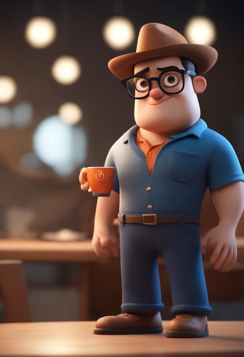 Cartoon character of a man wearing black glasses and a blue shirt, um personagem animado, Caractere estilizado, animation style rendering, 3D estilizado, Arnold Maya render, 3 d render stylized, toon render keyshot, Personagem 3D, Personagem 3D, 3d rendering stylized, 3 d character render, personagem de desenho animado, Personagem de close up, Pose de personagem, (Estilo Pixar) (master part:1.2) (Bokeh) (best quality) (pele detalhada) (textura detalhada) (8k) (argila) (Cinematic lighting) (foco nítido,Senta e vaza a parte superior do corpo