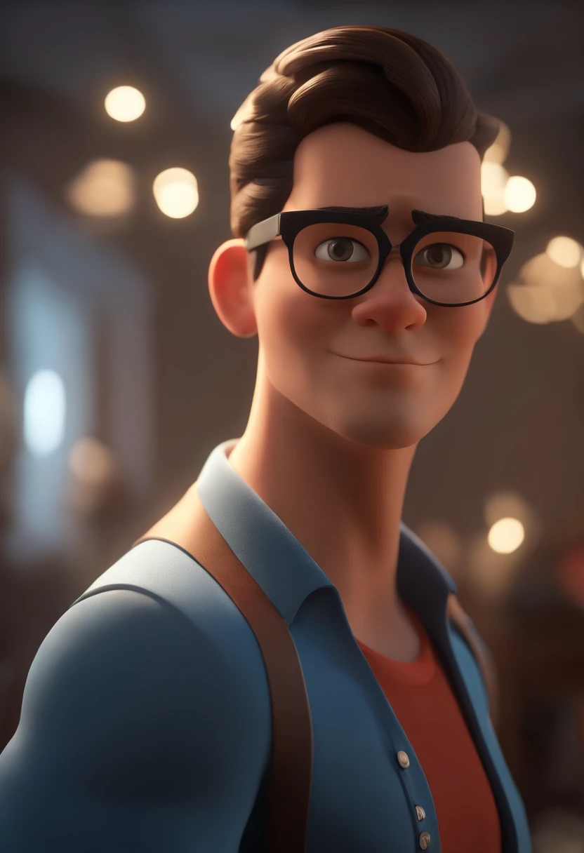 Cartoon character of a man wearing black glasses and a blue shirt, um personagem animado, Caractere estilizado, animation style rendering, 3D estilizado, Arnold Maya render, 3 d render stylized, toon render keyshot, Personagem 3D, Personagem 3D, 3d rendering stylized, 3 d character render, personagem de desenho animado, Personagem de close up, Pose de personagem, (Estilo Pixar) (master part:1.2) (Bokeh) (best quality) (pele detalhada) (textura detalhada) (8k) (argila) (Cinematic lighting) (foco nítido,Senta e vaza a parte superior do corpo