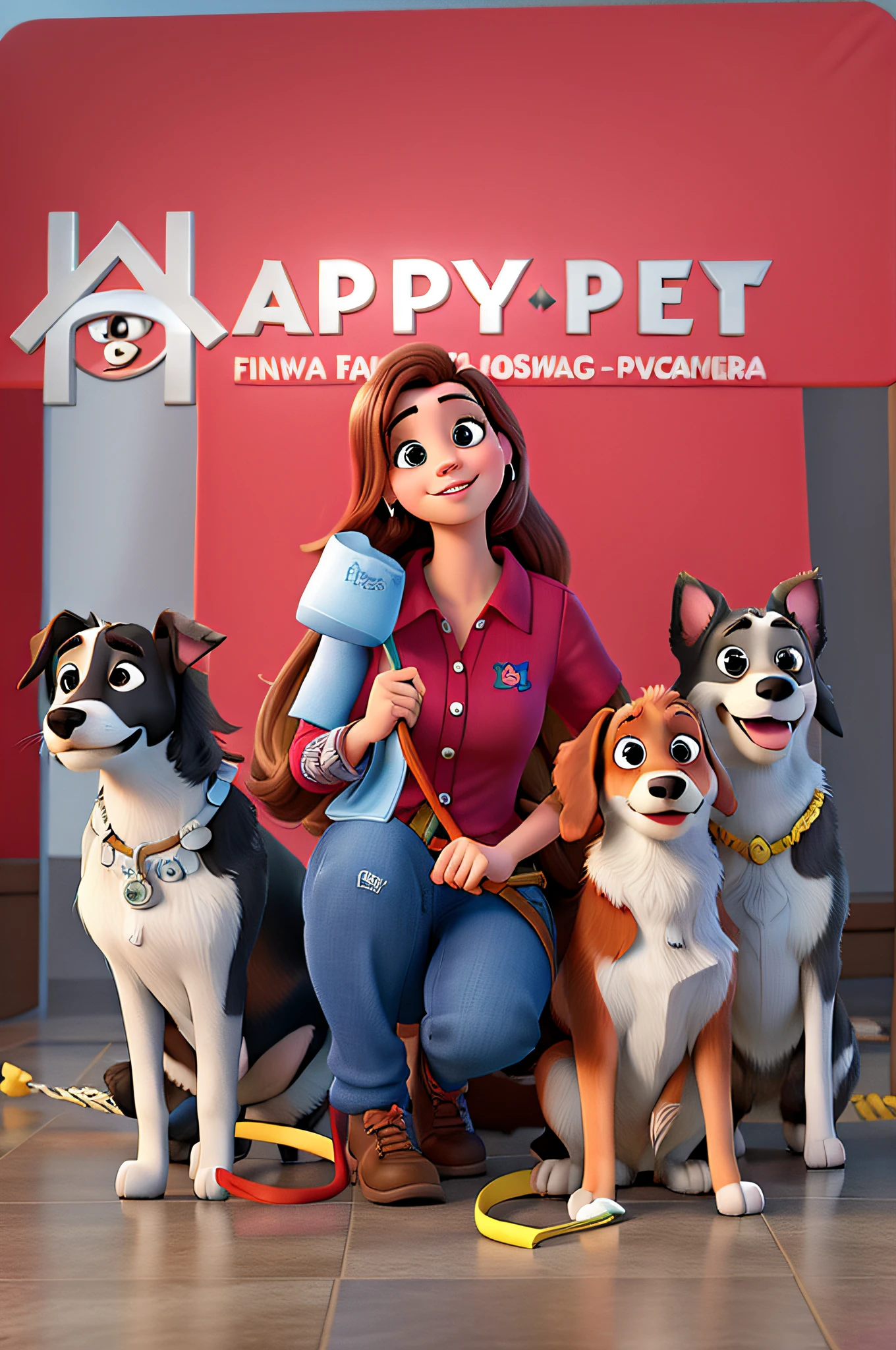 uma mulher com cachorros estilo disney pixar, alta qualidade, melhor qualidade