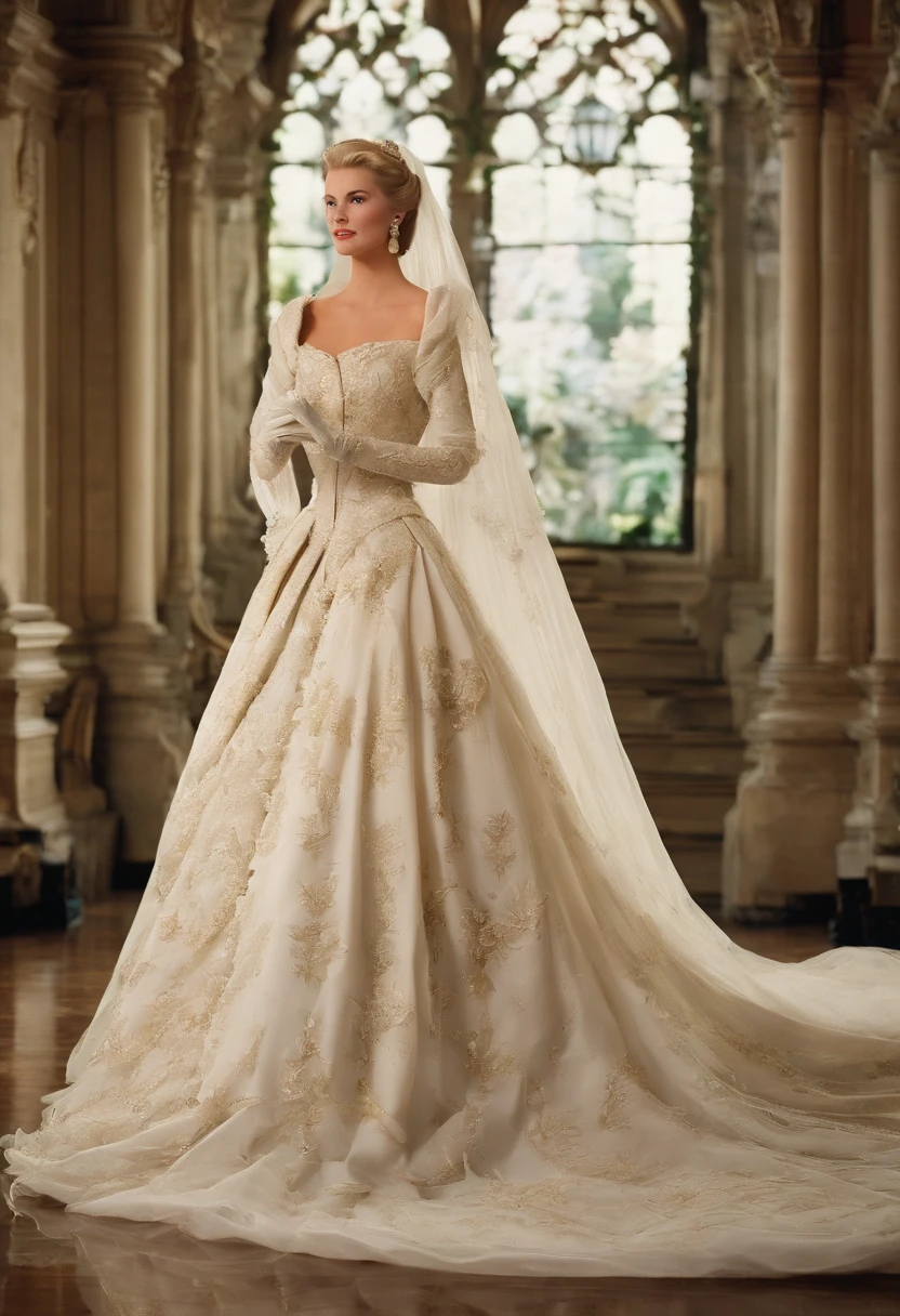 1980s style, Grace Kelly's royal wedding dress updated for the late 1980's with a Cinderella aesthetic