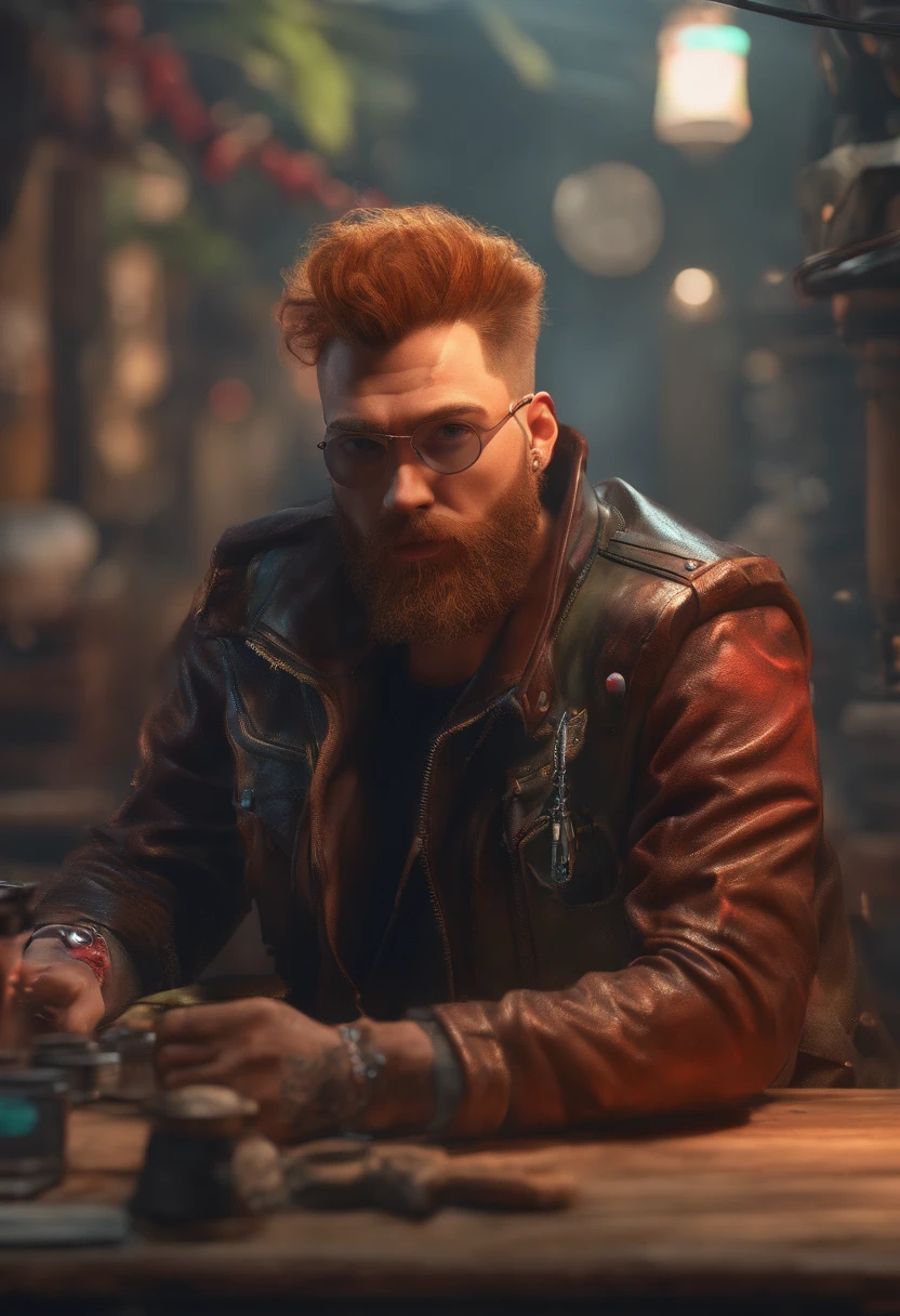 (best quality,4k,8k,highres,masterpiece:1.2), ultra-detailed, (realistic,photorealistic,photo-realistic:1.37), red-haired man, beard, leather jacket, silver chain, patch over his left eye, intense gaze, rugged appearance, smoke in the background, dimly lit alley, vibrant colors, urban graffiti art style