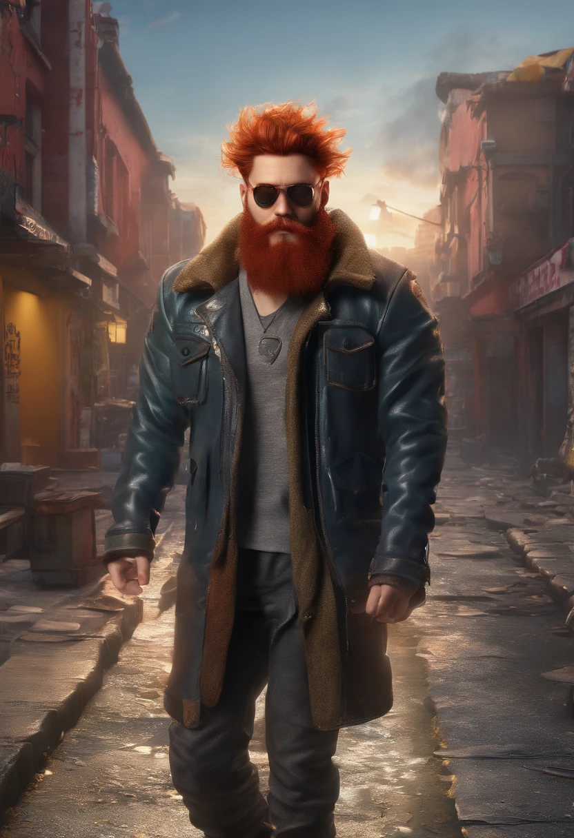 (best quality,4k,8k,highres,masterpiece:1.2), ultra-detailed, (realistic,photorealistic,photo-realistic:1.37), red-haired man, beard, leather jacket, silver chain, patch over his left eye, intense gaze, rugged appearance, smoke in the background, dimly lit alley, vibrant colors, urban graffiti art style