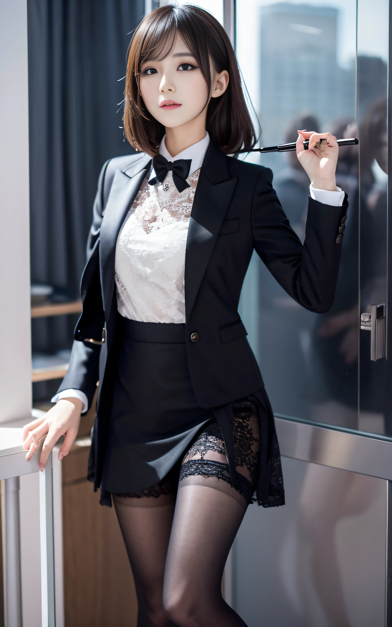 Charming beauties、thighband natural pantyhose、Suit jacket、Black tight skirt、Shining beautiful legs、Dyed in darkness、lacy fabric、Brainwashing makeup、Evil Fall