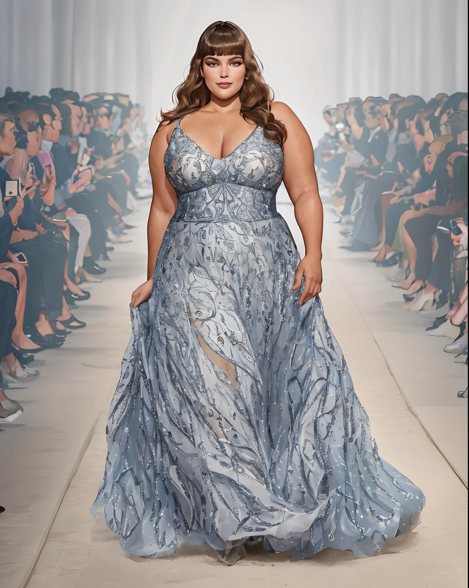 A plus-size US 10, supermodel confidently struts down the runway in a stunning high fashion dress. paris fashion week. Her every step exudes charisma, breaking conventions and setting a new standard of beauty. The crowd is captivated by her confidence and style. Best quality, intricate details, clean lines, eye-catching composition, soft tones, semi-realism, perfect illustration, dynamic pose, ample headroom, t-s,full body