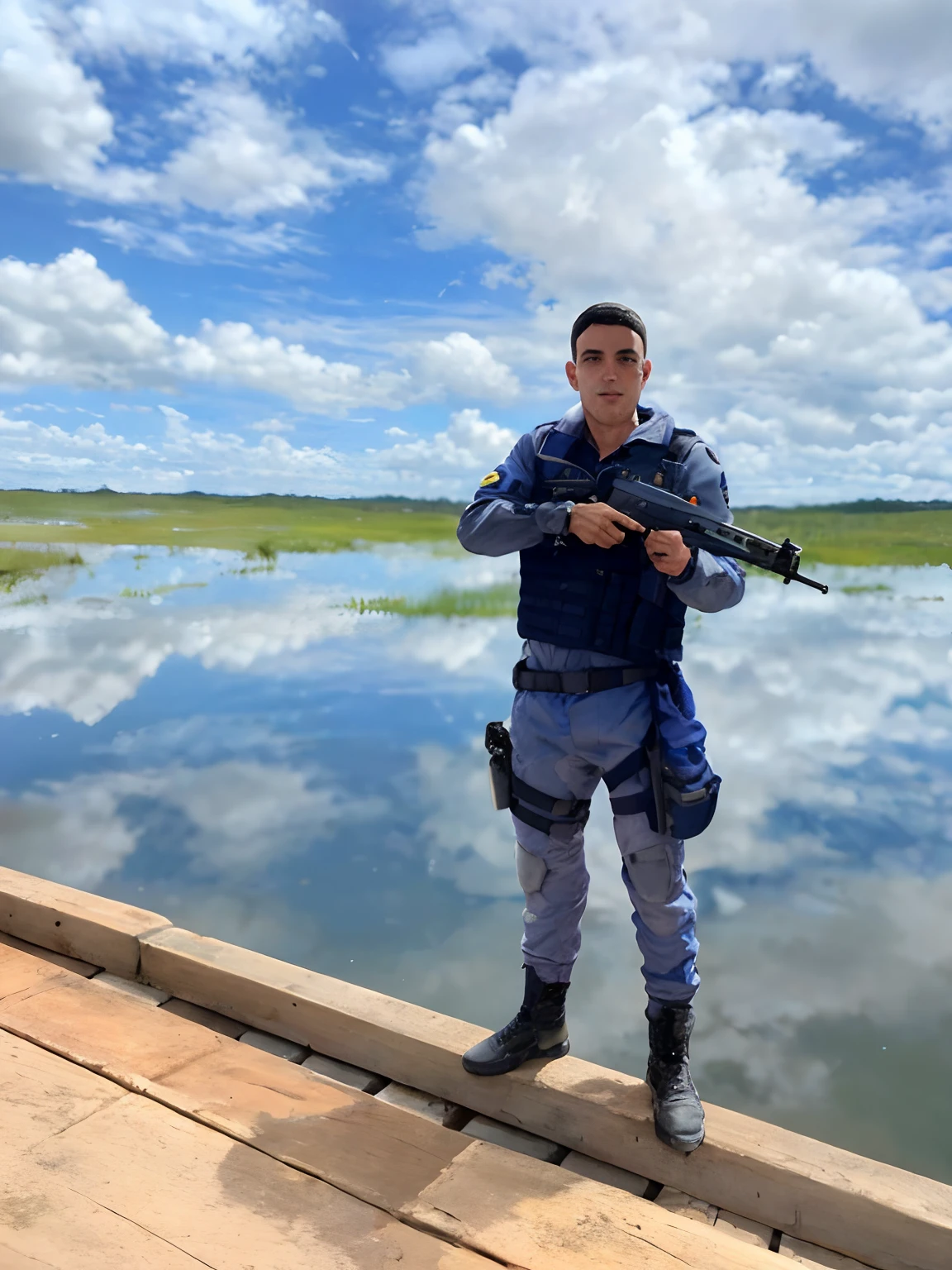 Homem de uniforme azul segurando uma arma no cais, dressed in tactical armor, lucas graziano, Segurando PDW, policial, daniel mirante, guardian of the holy lake, com fuzil, david rios ferreira, caio santos, standing on the water ground, Pose frontal, soprar, Alexandre Ferra, Forrest em segundo plano