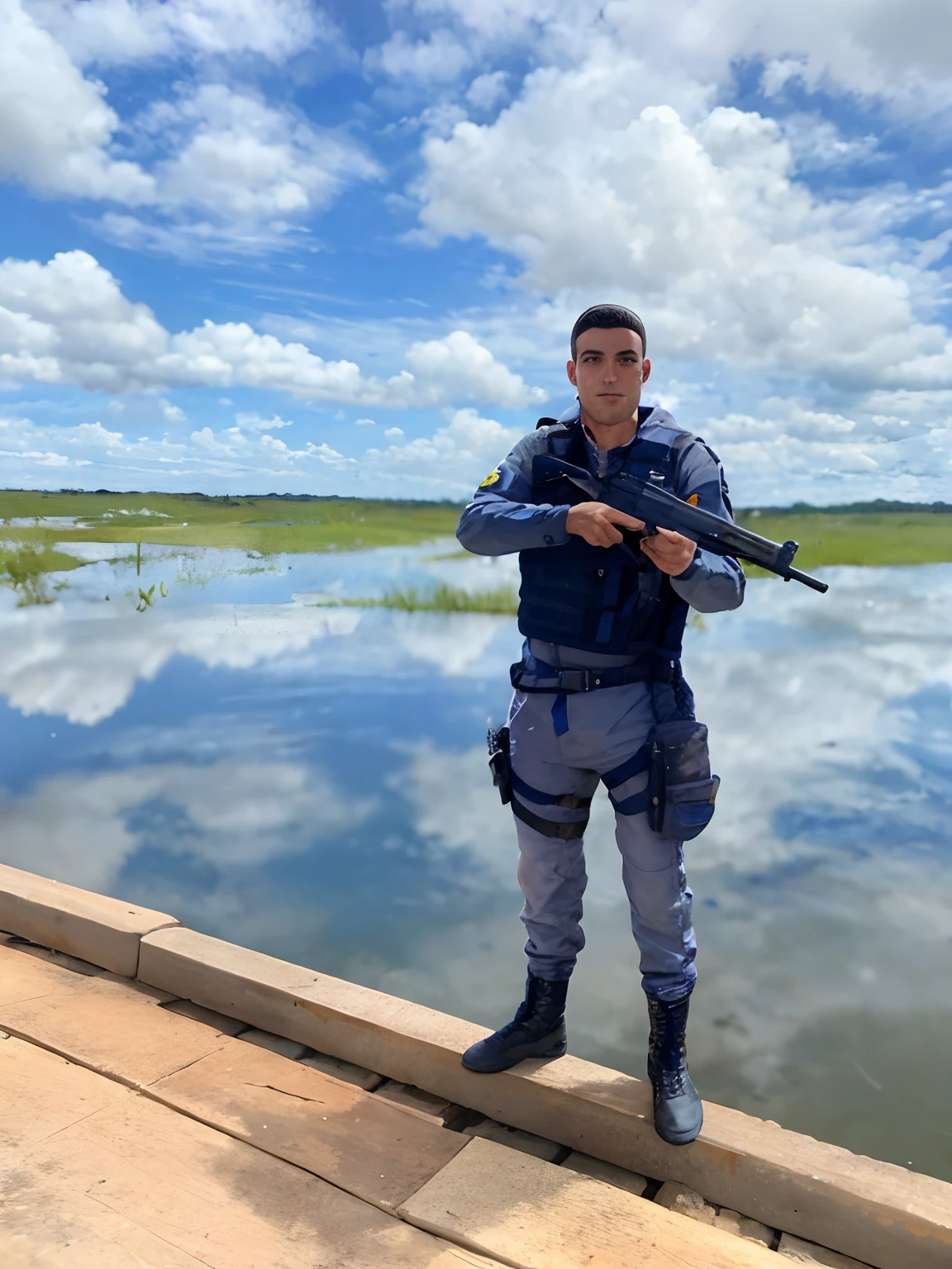Homem de uniforme azul segurando uma arma no cais, dressed in tactical armor, lucas graziano, Segurando PDW, policial, daniel mirante, guardian of the holy lake, com fuzil, david rios ferreira, caio santos, standing on the water ground, Pose frontal, soprar, Alexandre Ferra, Forrest em segundo plano