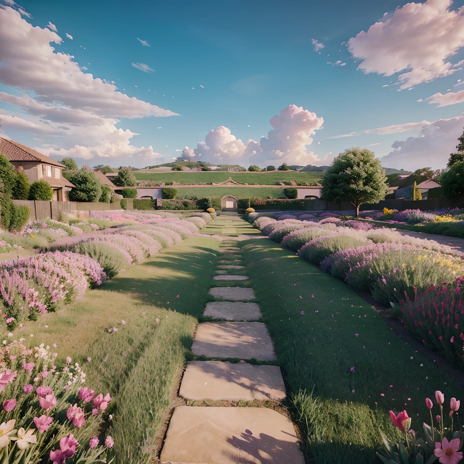 pink garden with lavender and tulip flowers, yellow rocky road in the middle. The sky is a blush color with fluffy white clouds. The sence is in an empty hill, rendered in a 3D realistic style. The camera takes a high angle view, showcasing the sprawling garden. The colors are blush, adding an extra layer of depth to the scene.