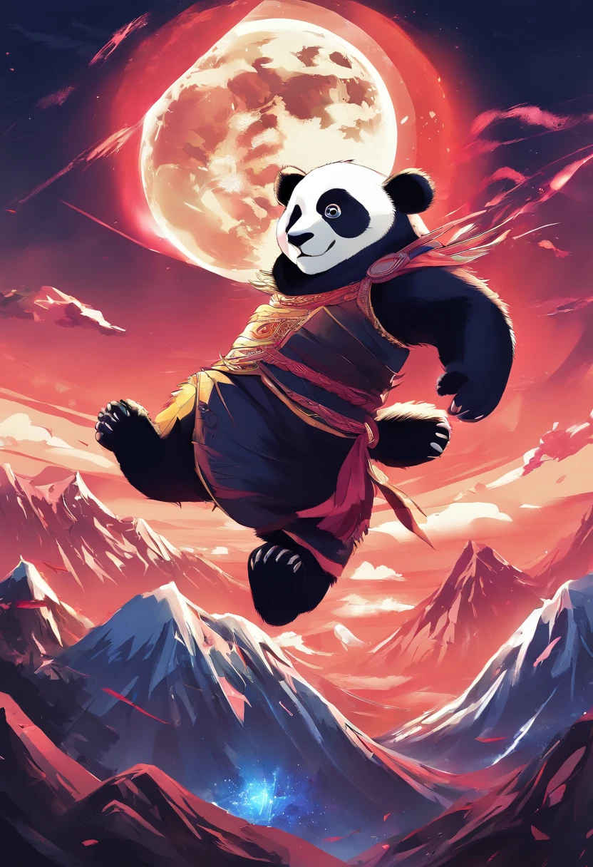 An anime scene with a giant panda as the main character roaring and showing great power., The background is a full moon.。, There are bamboo fighting groups in many areas.,Trends on CGSTATION, Beautiful artistic illustration, Drake-style digital art details, Fantasy anime illustration, Guviz-style artwork, Digital illustration of the poster logo, by Yang J, Durian in different regions, There were also gold and silver coins flying all over the region.. pixiv contest winner, trends on ArtStation Pixiv, Brand product logo 5 stars, Bamboo business, fantasy, The dark side,