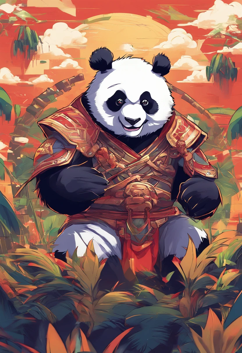 An anime scene with a giant panda as the main character roaring and showing great power., The background is a full moon.。, There are bamboo fighting groups in many areas.,Trends on CGSTATION, Beautiful artistic illustration, Drake-style digital art details, Fantasy anime illustration, Guviz-style artwork, Digital illustration of the poster logo, by Yang J, Durian in different regions, There were also gold and silver coins flying all over the region.. pixiv contest winner, trends on ArtStation Pixiv, Brand product logo 5 stars, Bamboo business, fantasy, The dark side,
