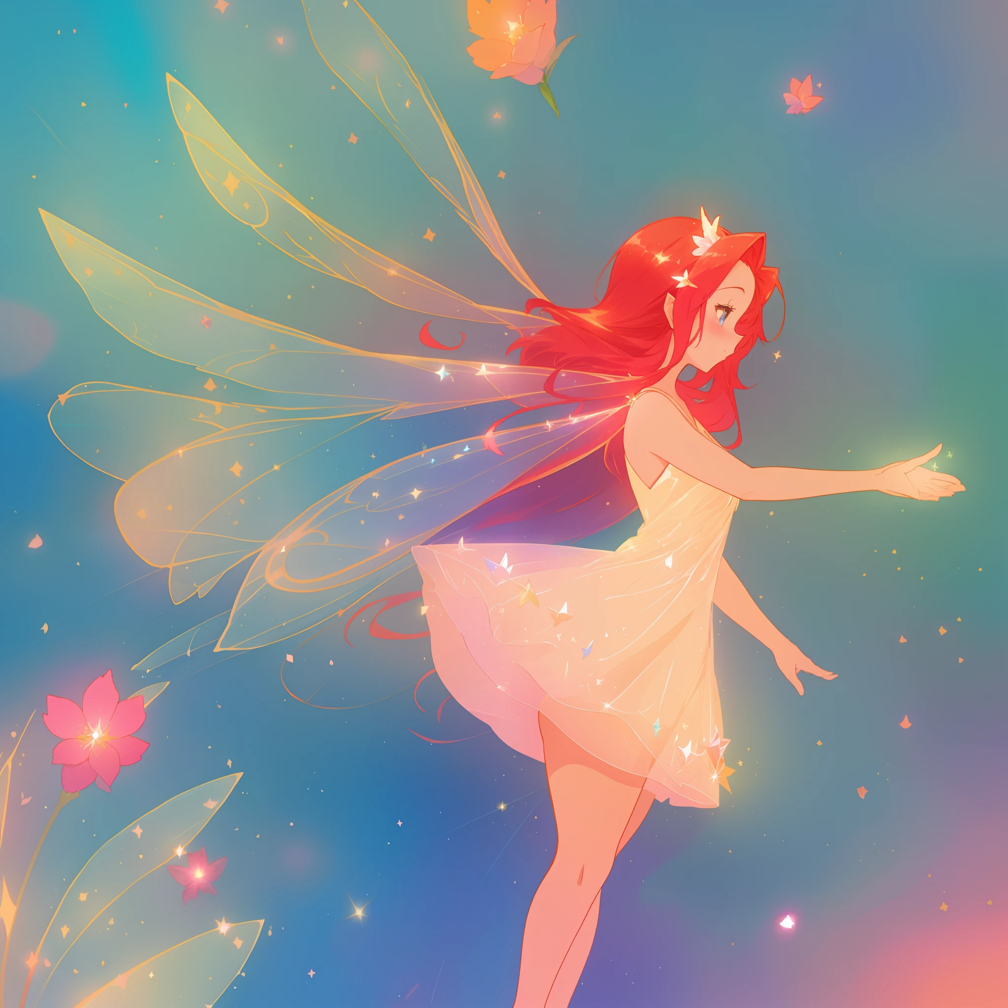 beautiful fairy girl in sparkling flowing dress, fairy dress, (huge sparkling fairy wings), fairy queen, ((magical colorful otherworldly landscape)), (glowing fairy wings), long red colorful hair, sparkling fairy wings, watercolor illustration, flowers and colorful plants, disney art style, glowing aura around her, glowing lights, beautiful digital illustration, fantasia otherworldly landscape plants flowers, beautiful, masterpiece, best quality, anime disney style