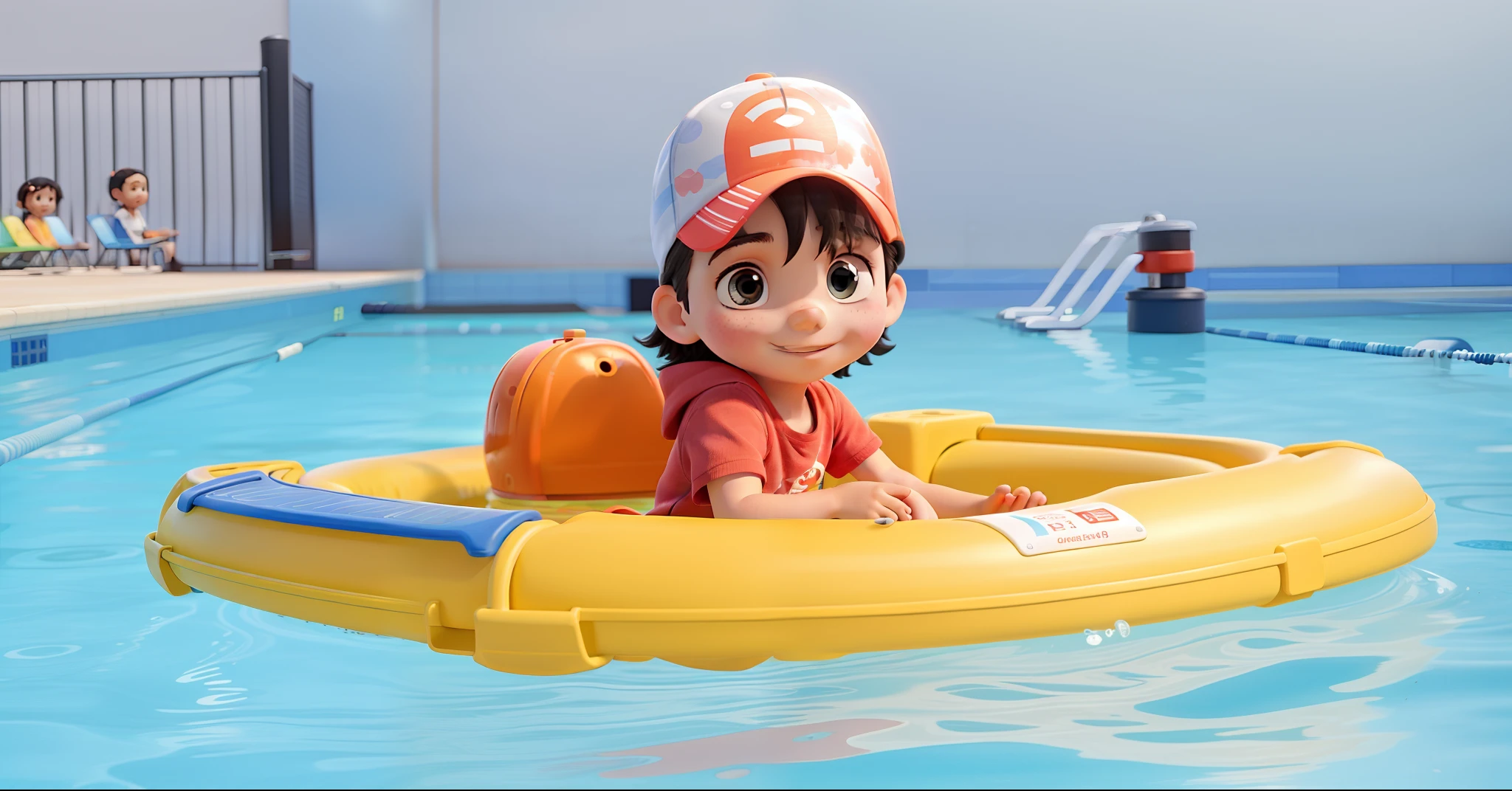 Child on a buoy inside a swimming pool