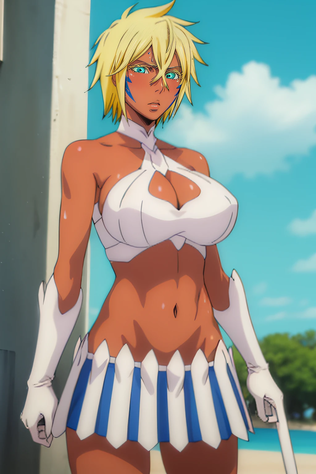 halibeltier, halibel tier, short hair, blonde hair, green eyes, dark skin, dark-skinned female, facial mark,
BREAK armor, pauldrons, skirt, cleavage, cleavage cutout, gloves, white gloves, midriff, navel, collarbone,
BREAK outdoors,
BREAK looking at viewer, (cowboy shot:1.5),
BREAK (masterpiece:1.2), best quality, high resolution, unity 8k wallpaper, (illustration:0.8), (beautiful detailed eyes:1.6), extremely detailed face, perfect lighting, extremely detailed CG, (perfect hands, perfect anatomy), large breasts, blush, wet body, beach, playing voleyball, exhaust
