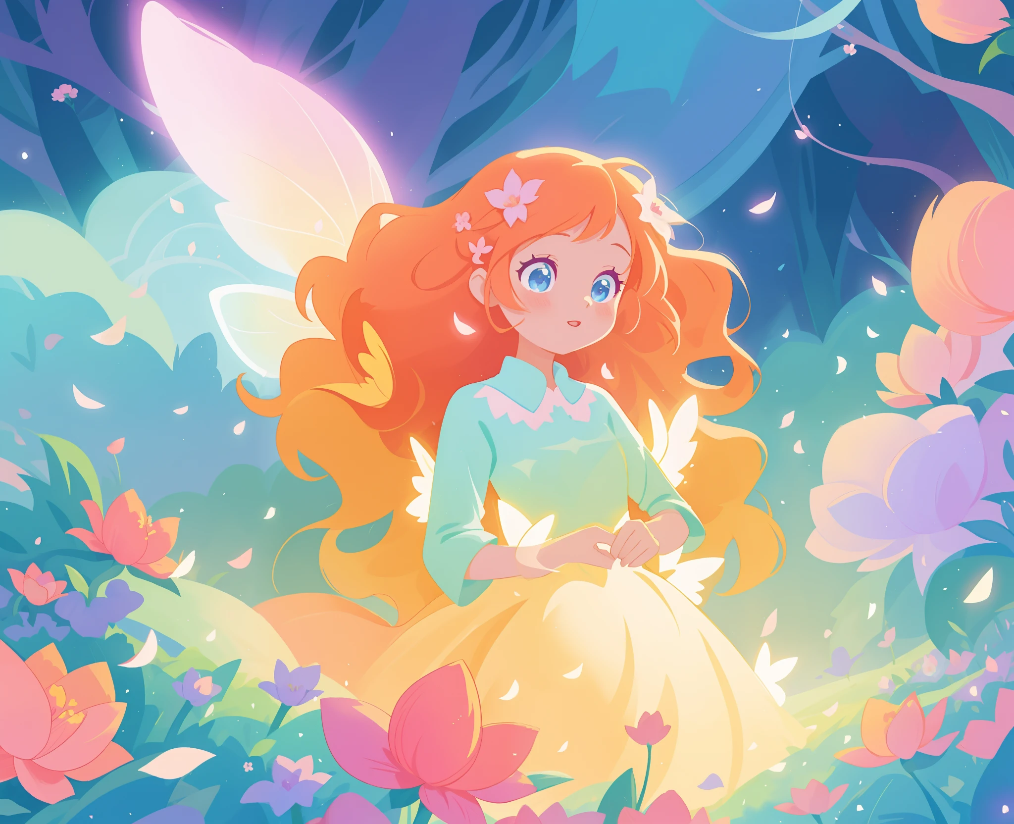 beautiful girl in tiered gradient ballgown dress, gradient warm color ballgown, ((layered flower petal skirt)), fairy dress, fairy queen, magical forest background, (glowing fairy wings), glowing flowing ballgown, long wavy hair, sparkling fairy wings, watercolor illustration, flowers and colorful plants, inspired by Glen Keane, inspired by Lois van Baarle, disney art style, by Lois van Baarle, glowing aura around her, by Glen Keane, jen bartel, glowing lights! digital painting, flowing glowing hair, glowing flowing hair, beautiful digital illustration, fantasia otherworldly landscape plants flowers, beautiful, masterpiece, best quality, anime disney style