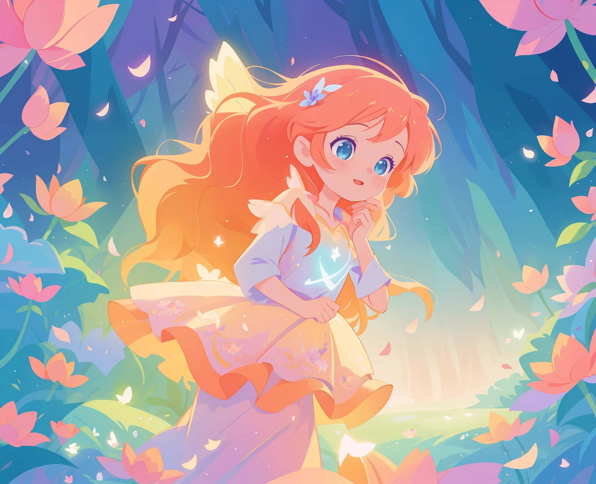 beautiful girl in tiered gradient ballgown dress, gradient warm color ballgown, ((layered flower petal skirt)), fairy dress, fairy queen, magical forest background, (glowing fairy wings), glowing flowing ballgown, long wavy hair, sparkling fairy wings, watercolor illustration, flowers and colorful plants, inspired by Glen Keane, inspired by Lois van Baarle, disney art style, by Lois van Baarle, glowing aura around her, by Glen Keane, jen bartel, glowing lights! digital painting, flowing glowing hair, glowing flowing hair, beautiful digital illustration, fantasia otherworldly landscape plants flowers, beautiful, masterpiece, best quality, anime disney style
