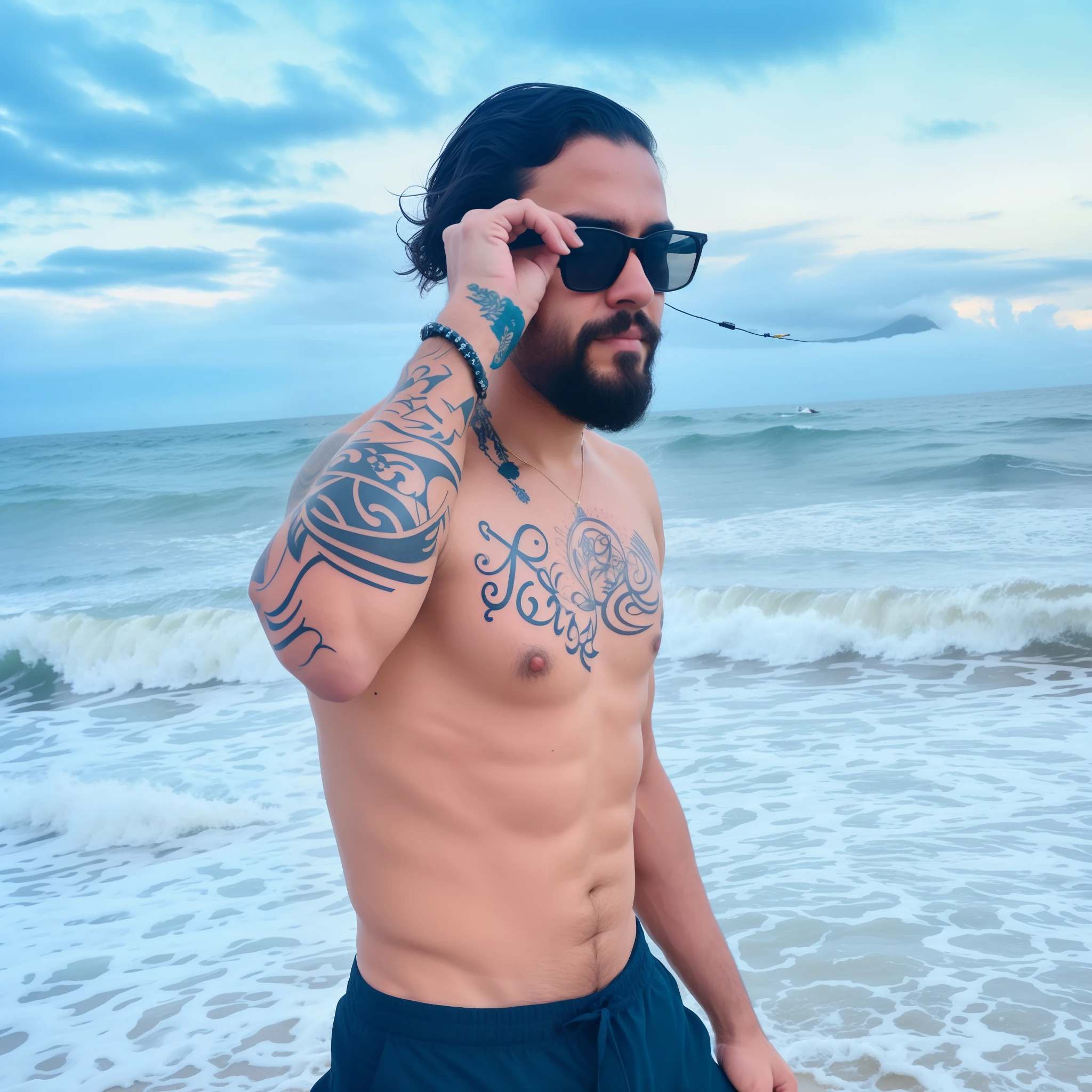 There is a man with a beard and tattoos on his chest, posando em uma praia com o oceano, the sea and storms behind him, inspirado em Byron Galvez, imagem de perfil, taken in the early 2020s, caio santos, O oceano ao fundo, oceano ao fundo, na praia, inspirado em Leo Valledor