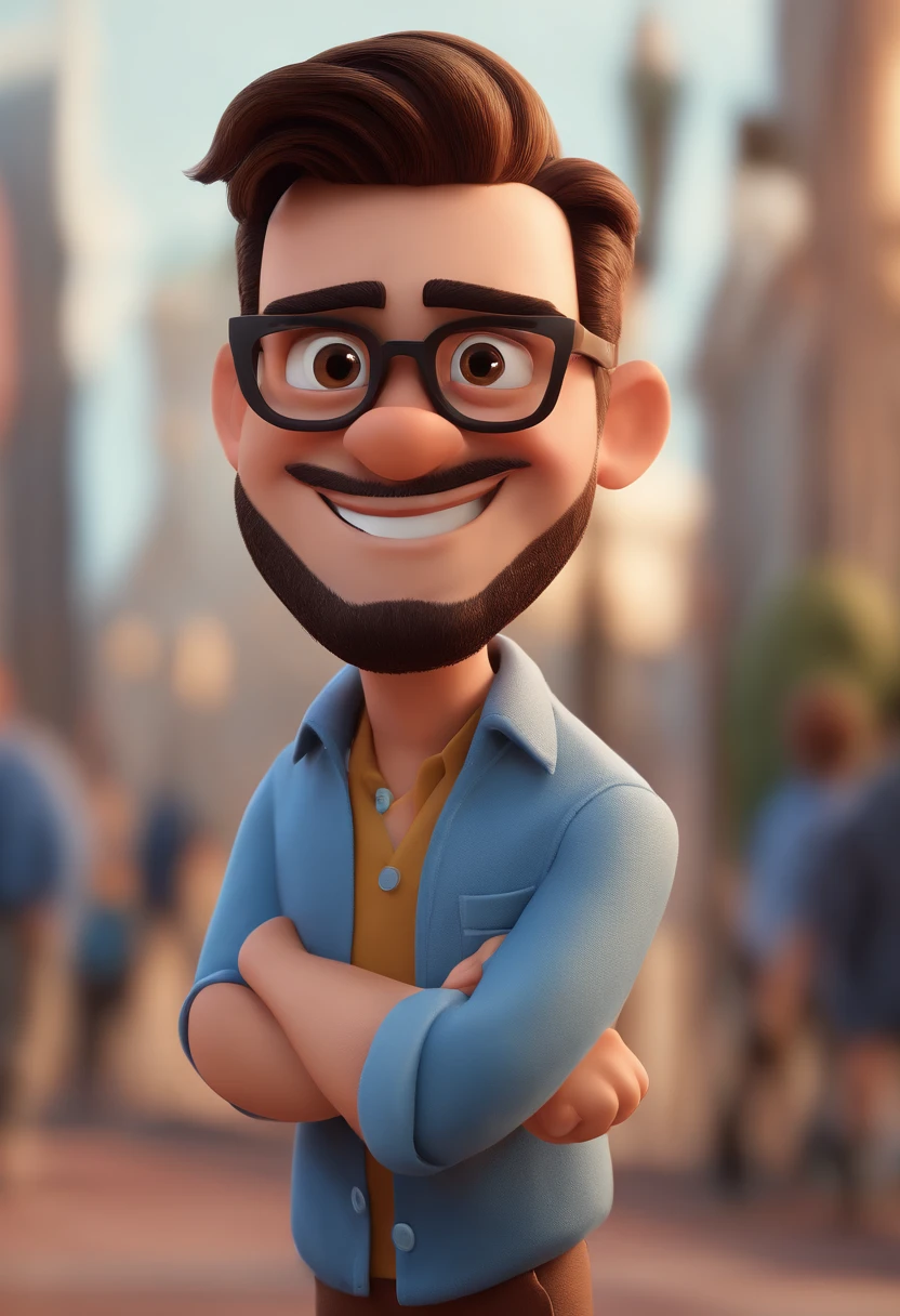 Cartoon character of a man with black glasses and a blue shirt, animation character, Caractere estilizado, animation style rendering, 3D estilizado, Arnold Maya render, 3 d render stylized, toon render keyshot, Personagem 3D, Personagem 3D, 3d rendering stylized, 3 d character render, personagem de desenho animado, Personagem de close up, Pose de personagem,  (Estilo Pixar) (master part:1.2) (Bokeh) (best quality) (pele detalhada) (textura detalhada) (8k) (argila) (Cinematic lighting) (foco nítido
