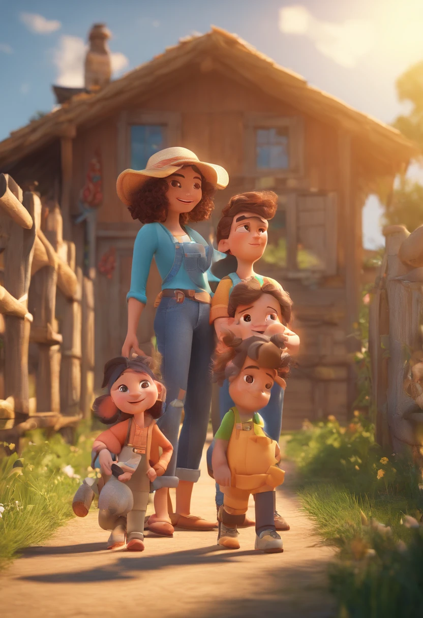 Estilo Pixar: Familia, Mother with a 1--old  and a 3-year-olrl A m with cows, galinhas, sorrindo , calca jeans e camiseta e tenis.