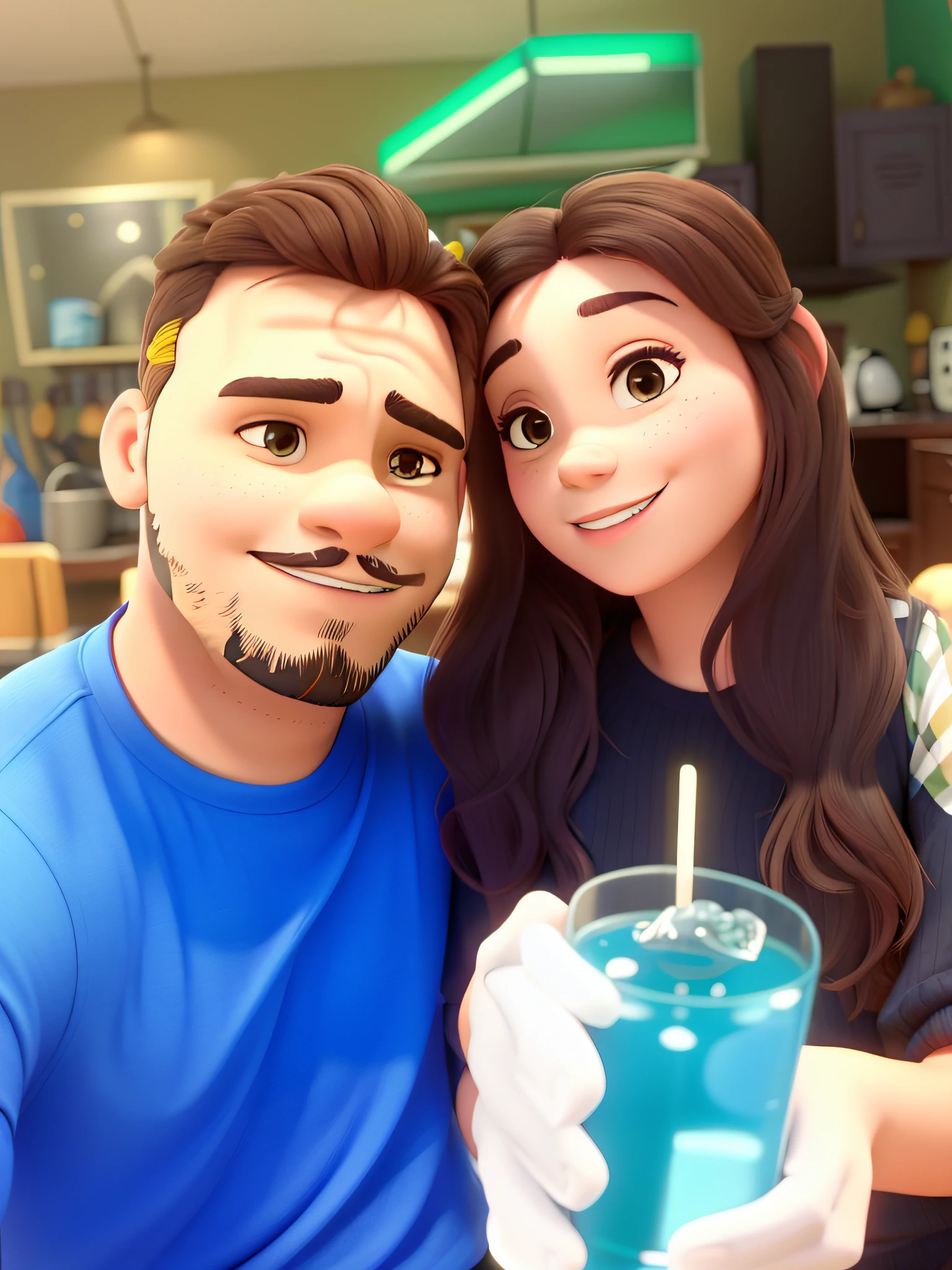 romantic couple, sunny day, homem com barba com camisa branca do Santos futebol clube, mulher morena com olhos grandes, igual aos filmes Disney Pixar