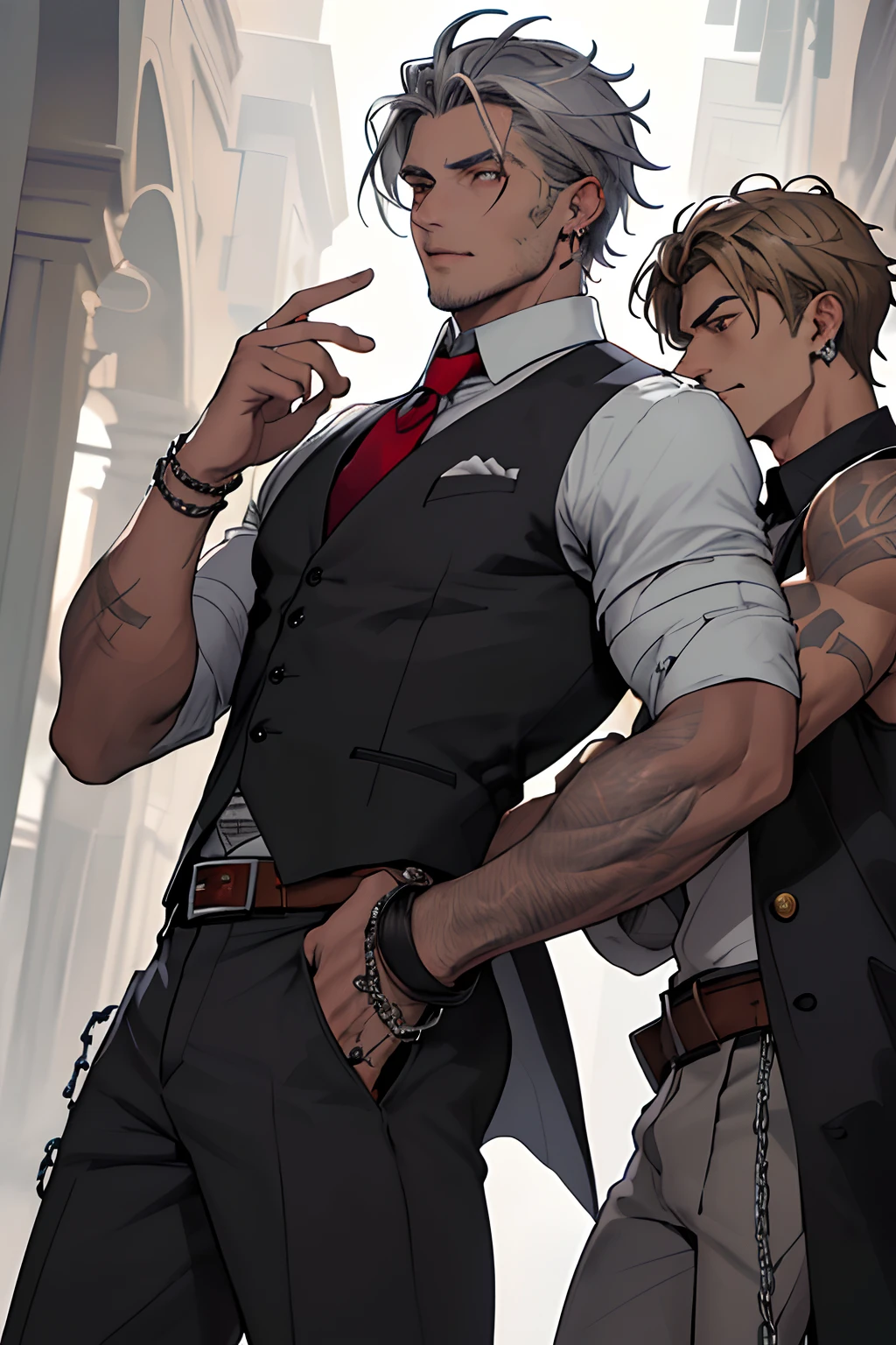 ("Dark brown hair with blonde highlights at the bottom" + "Hair reaches the nape of the neck + "Warm, tanned skin" + "has a mole above the top" + "Dark brown eyes" + "Ear piercings" + « Eyebrow Piercings" + "has tattoos on the neck and back of his hand" + "wears multiple rings on her fingers" + "usa um colar de corrente" + "Hands and arms with veins" + "frequentemente usa roupas largas de cor preta" + "soft lips" + "sobrancelhas cheias" + "alto, medindo cerca de 1,80m" "tem barriga, mas malha" + "ligeiramente musculoso" + "trilha feliz" + "ombros largos" + "Ele tem uma cicatriz abaixo do olho direito; Three scars that extend from the top of the neck to the middle of the chest, being one on the right, one on the left and one along the midline; and scars on the left and right forearms. Ele usa um casaco cinza escuro com forro carmesim, Silver rhomboid buttons and dark fur accents on the collar; a gray vest with a darker gray button-down shirt underneath and a loose red tie; Gray pants with cuffs hanging from the belt; e botas pretas altas. Her arms and neck are tied randomly with black bandages. He has several silver earrings and asymmetrically shaped cuffs on his ears; Silver rings on each finger; um enfeite de gravata prateada com pontas; and a large silver dog head brooch with draped chains"