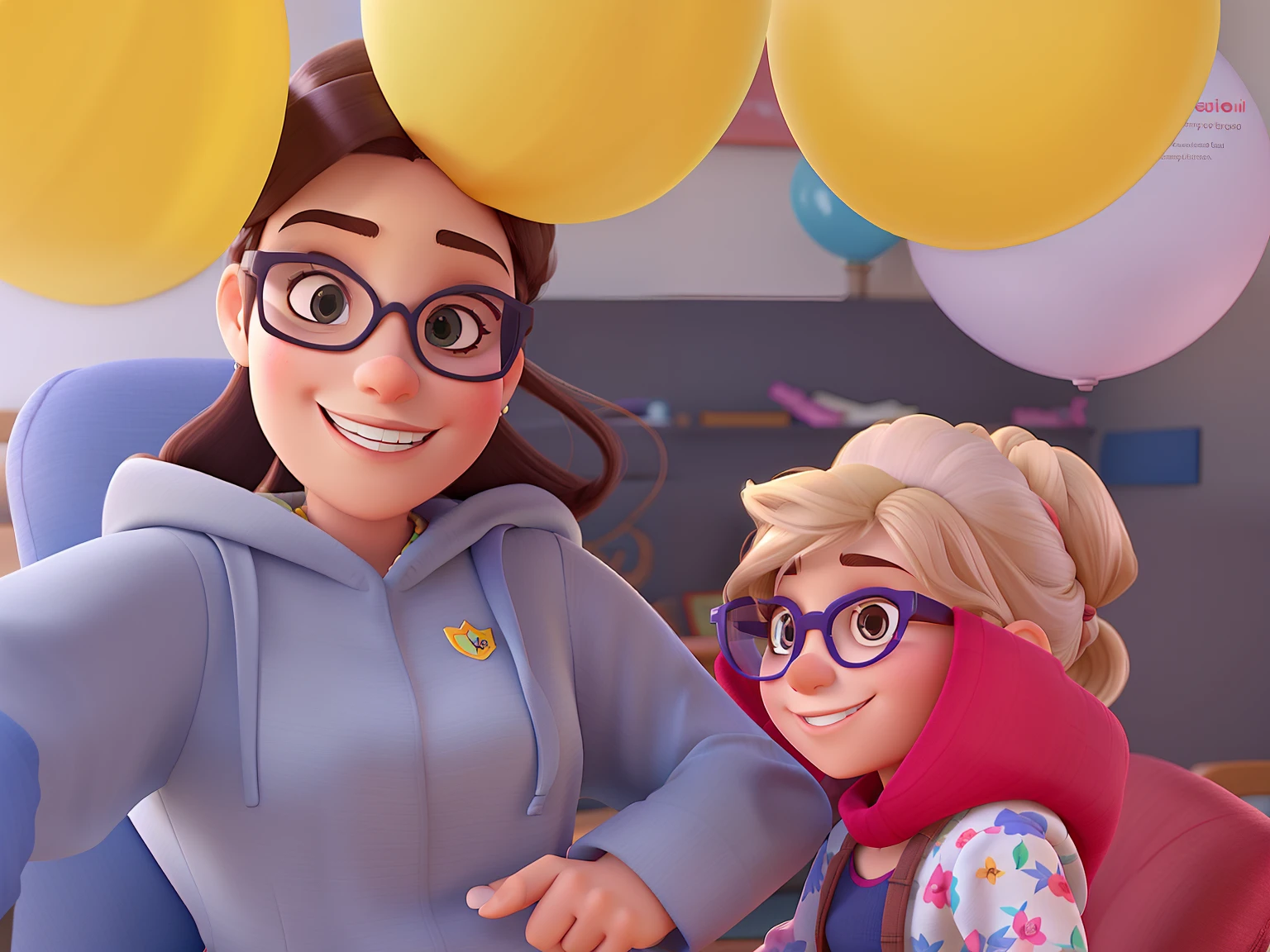 Woman in rectangular glasses, junto com sua filha de 4anos de idade no estilo disney pixar de altaualidade