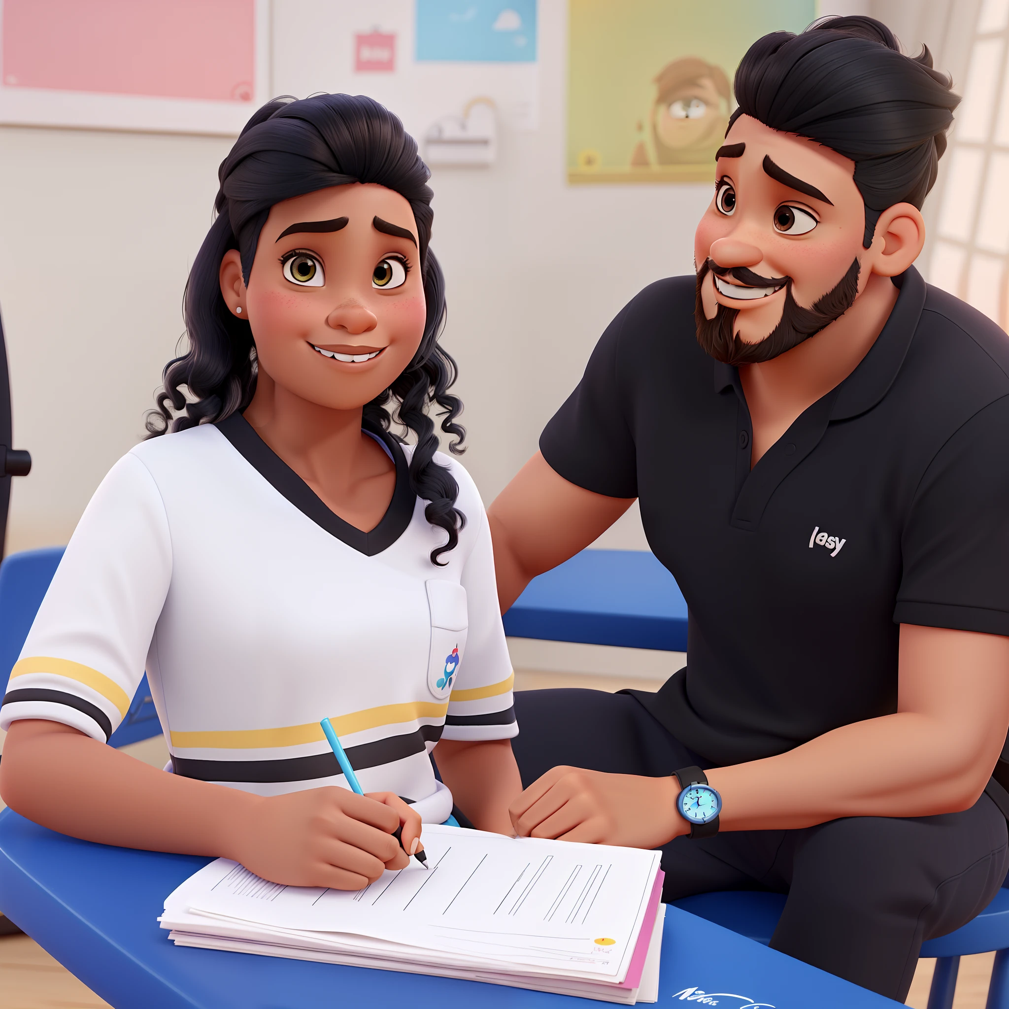 Poster no estilo disney pixar. uma menina negra , cabelos cacheados , um homem com barba e cabelo estiloso