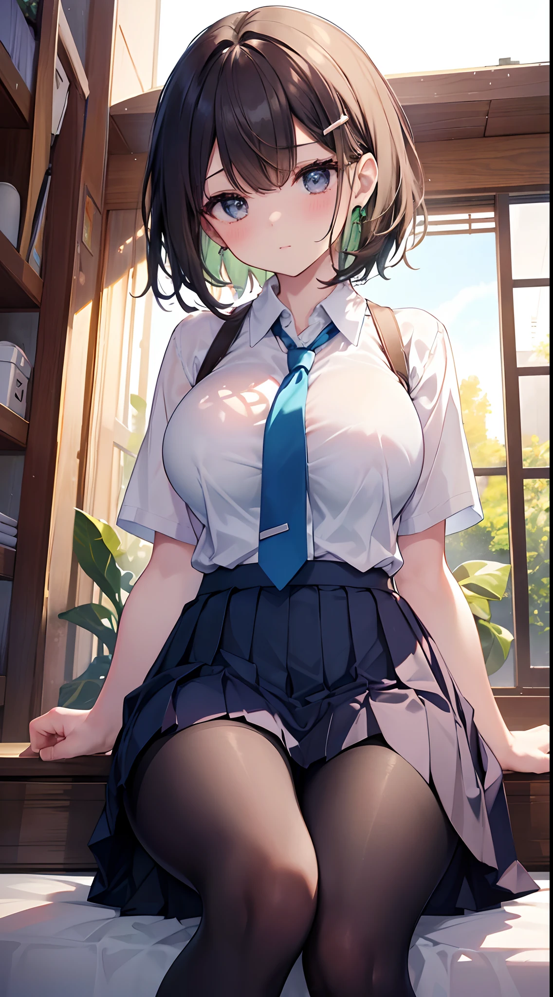 in 8K, top-quality, Real Image, intricate detailes, The ultra-detailliert, 超A high resolution, Depth Field,(Photorealsitic,realisitic:1.2),​masterpiece, 0.25 :: a closeup , straight-on shot , from miiddle , 1girl in, AI_chan, an extremely beautiful 17-year-old girl, Innocent big eyes, (brown_Short_hair), (Green_Eyes:1.0),(bangss),dishevled hair,(hair clips), perfect glossy skin, flawless skin, fair white skin, huge-breasted, cleavage of the breast, narrow waists, thin blush, 独奏, looking at the viewers, lightsmile,　The Perfect Five Fingers, chubby under the clothes、perspiring、 Wear((School_uniform)、(white_Skirt)、(Blue_long_tie)、(Blue_pleats_Skirt)、(Black_pantyhose:1.2)、 (Gravure Pose:1.1)、 Sunset High School in Japan ,Flipping up the skirt with your hands、Show white panties、Pull up your skirt and show your panties、Colossal tits、Functional、Panties under pantyhose、garter strap、 hot、steams、Flip the skirt、Skirt flipping、Roll up the scar by hand、Show underwear、Show off your pants with your own hands、Panchira、bare-legged、Opening legs、Open legs、bare-legged、Large open legs、Panties digging into the crotch、lightly raise one leg